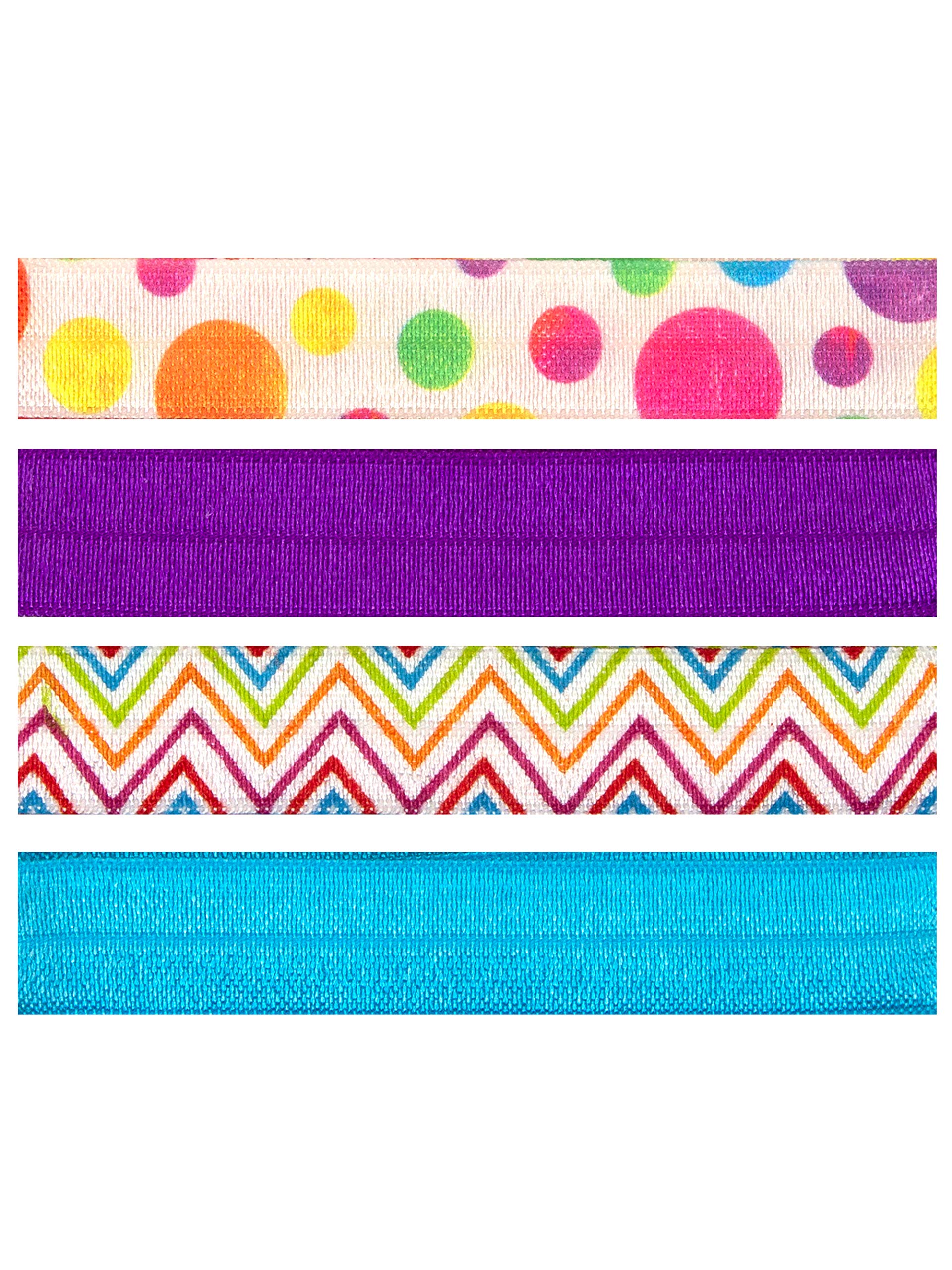 Cousin DIY Color Polka Dots, Zig-Zags Fold Over Elastic Wide Band Ribbon, Blue, Purple, Mix