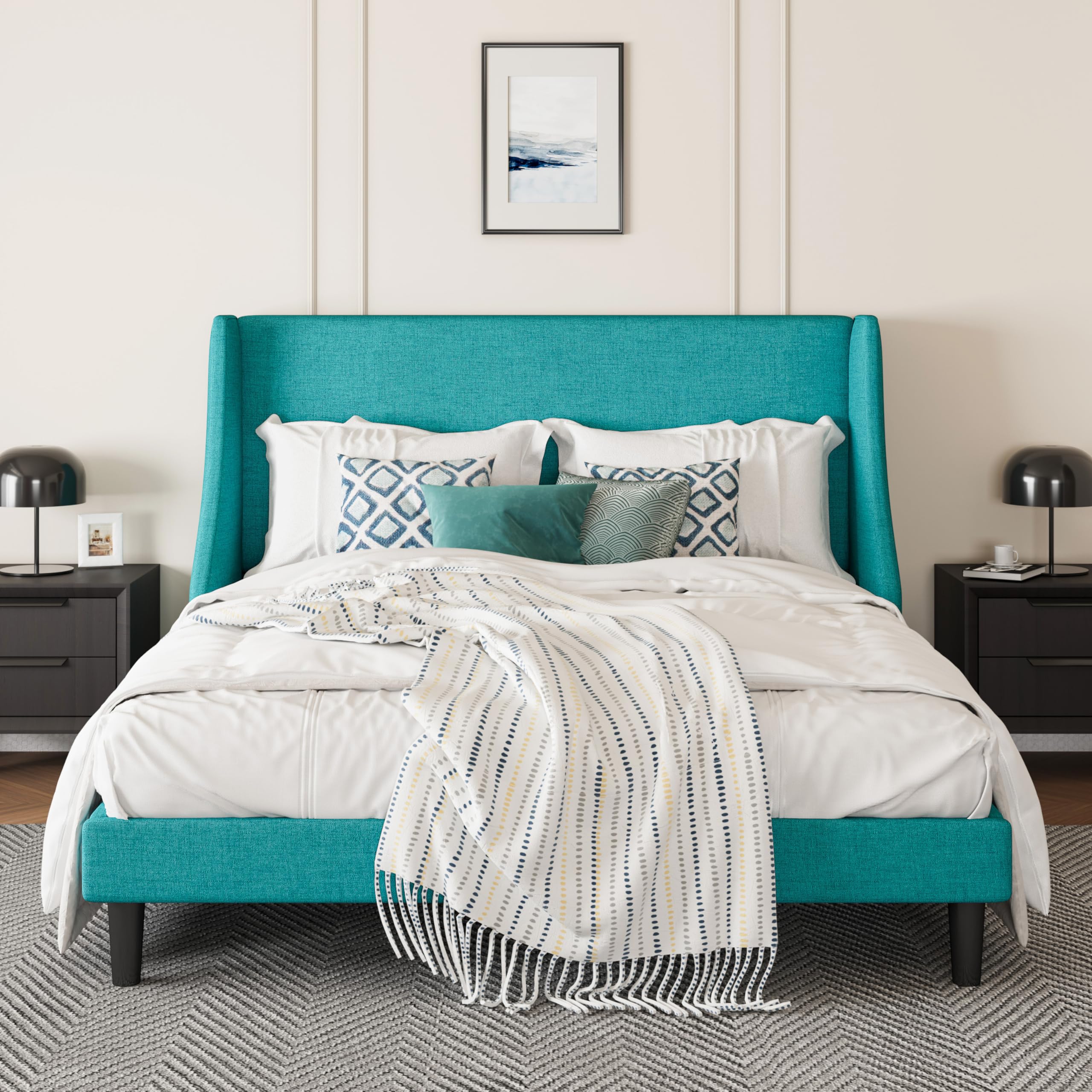 SHA CERLIN Upholstered Bed Frame Full Size with Streamlined Wingback Headboard, Breathable Linen Fabric, Solid Wooden Slats, Easy Assembly, Blue