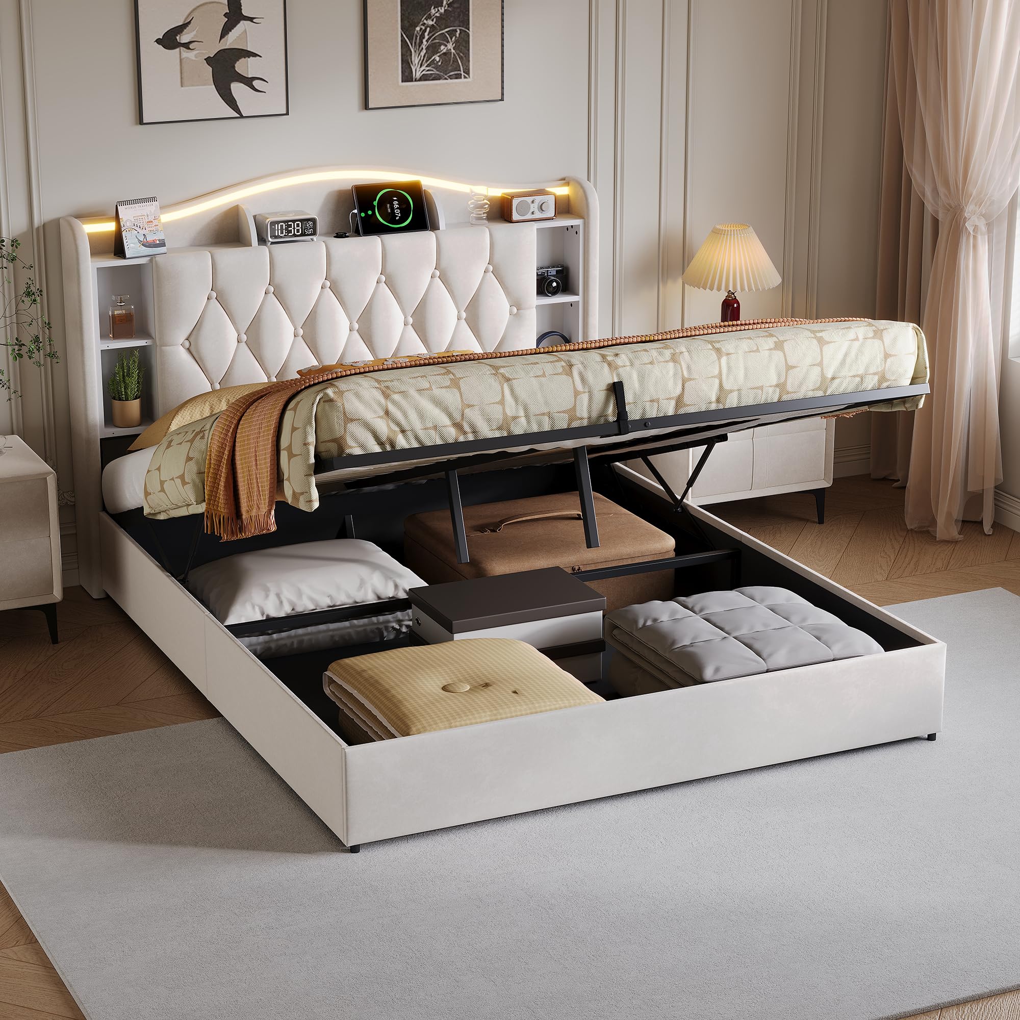 Cama tapizada de 160 x 190 cm con espacio de almacenamiento, cama doble con LED, cama hidráulica con somier, cama con somier, cama juvenil con espacio de almacenamiento y cabecero, para