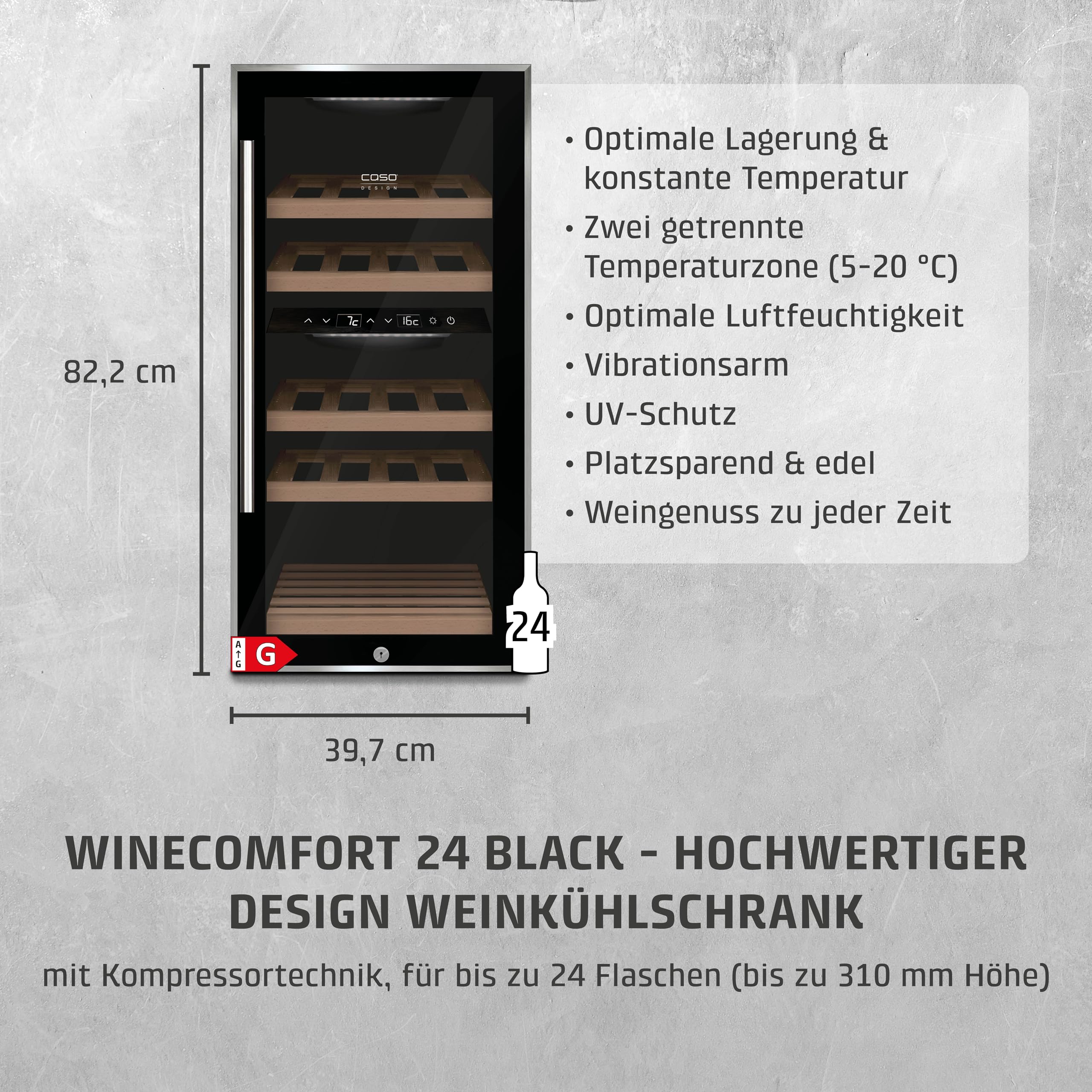 Caso WineComfort 24 black, Weinkühlschrank für 24 Flaschen, 2 Zonen auf 5-20°C einstellbar,Sensor- Touch, LED beleuchtet freistehend, UV-Filterglas, Schwarz