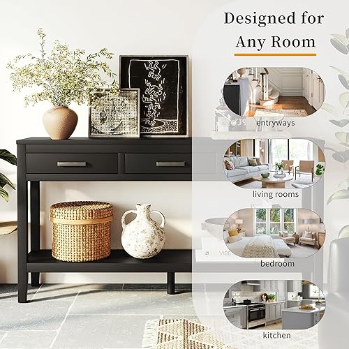 Miniatura 7 de Mesa consola industrial contemporánea con 3 cajones, mesa de vestíbulo vintage con 1 estantes de almacenamiento, mesa de entrada estrecha y larga