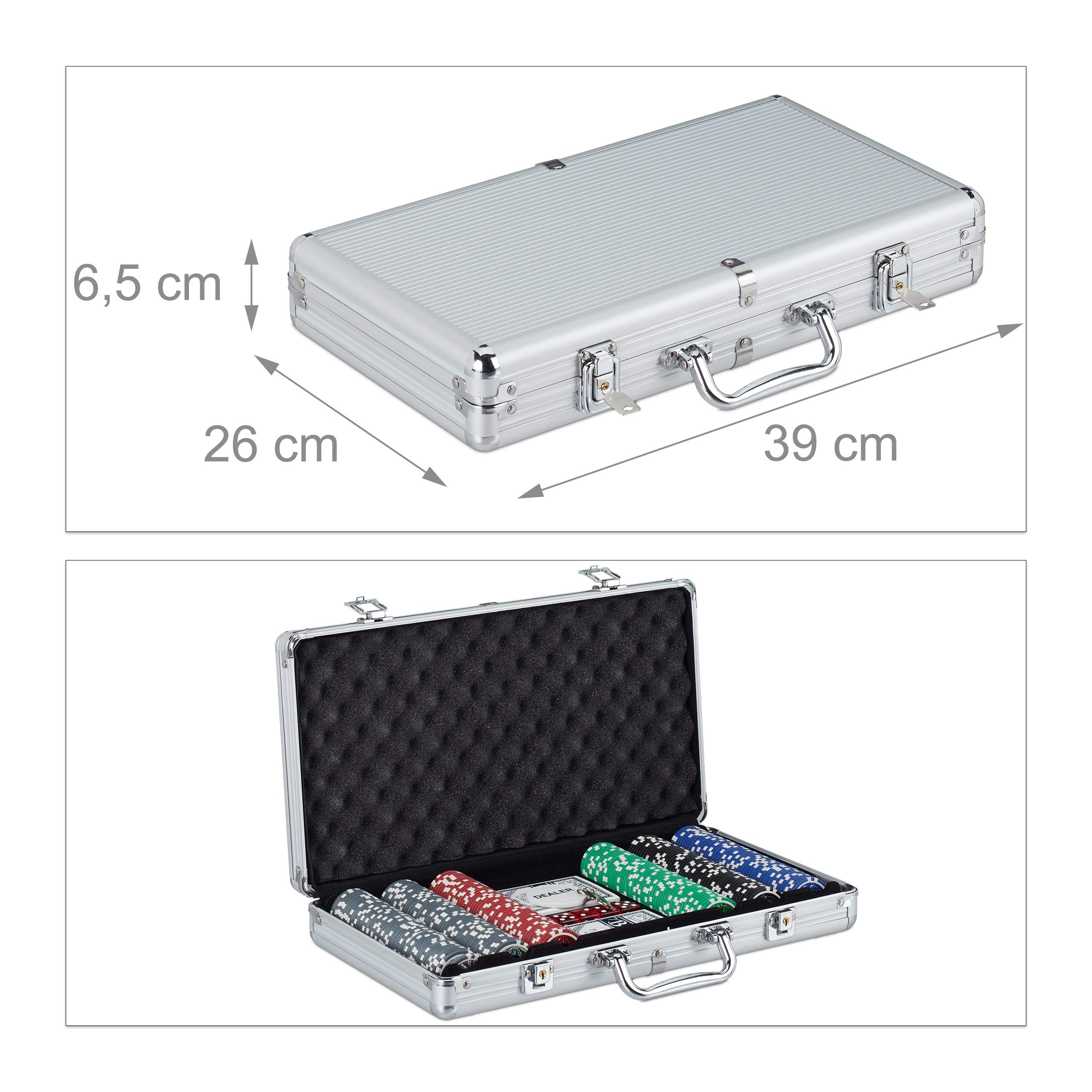 Relaxdays Valigetta Poker, 300 Chips Laser, 2 Mazzi di Carte, 5 Dadi, Dealer, Richiudibile & Portatile,Alluminio,Argento