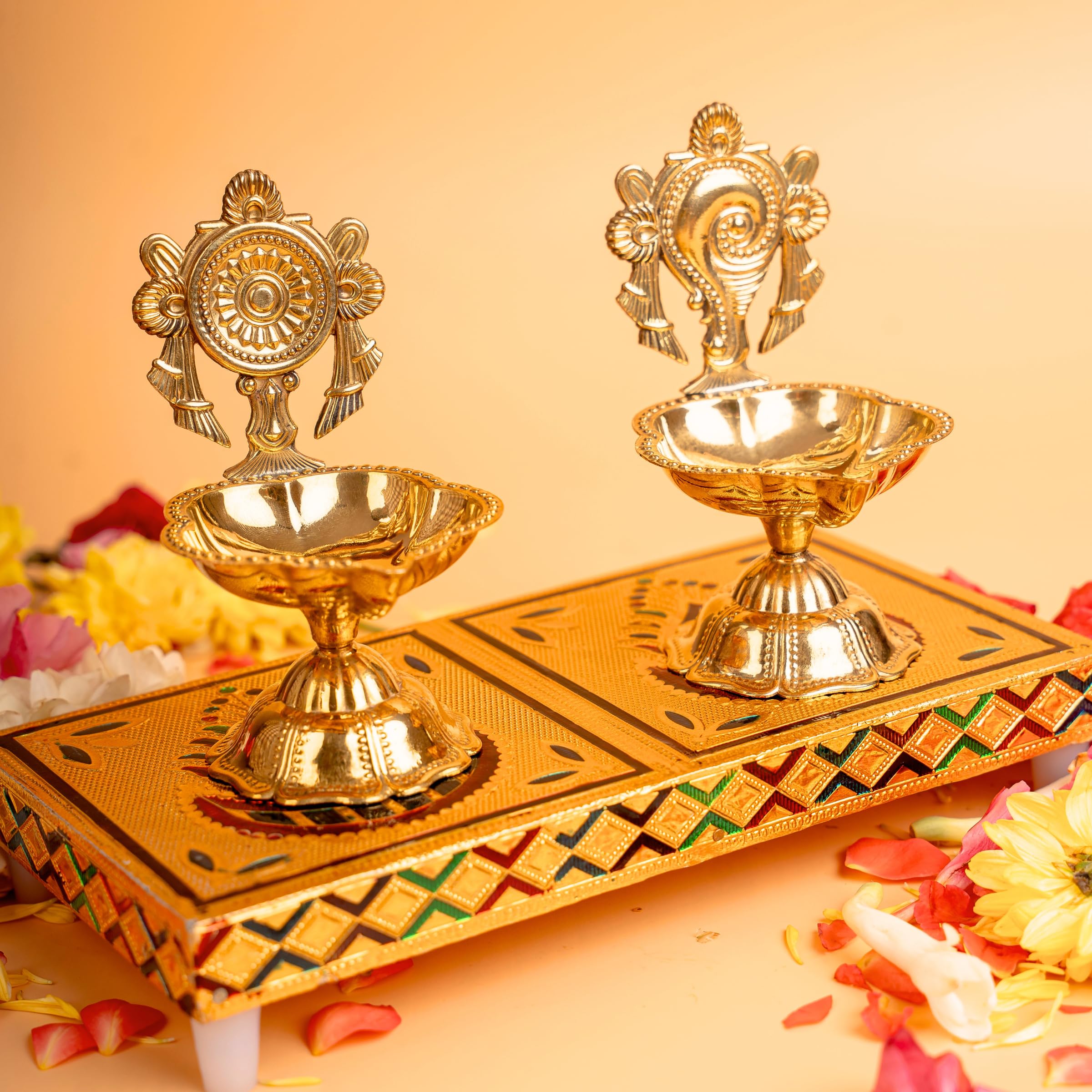 Anciently Shankh Chakra Diya Set (Big) | Brass Shanku Chakra Vilakku Set for Diwali Gift, House Warming Gifts, Return Gift, Gold Colour, Set of 2 Pieces (Big)-image-12