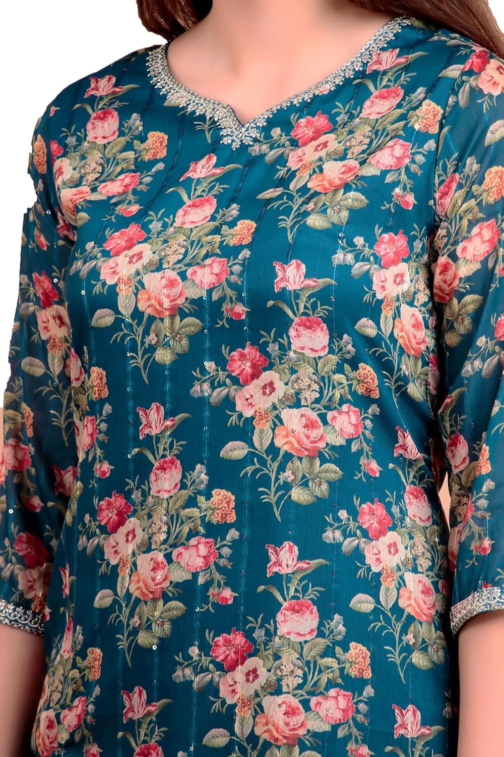 ladyline Womens Chinon Silk Tunic Kurti Embroidered Digital Printed Kurta Top - Image 5