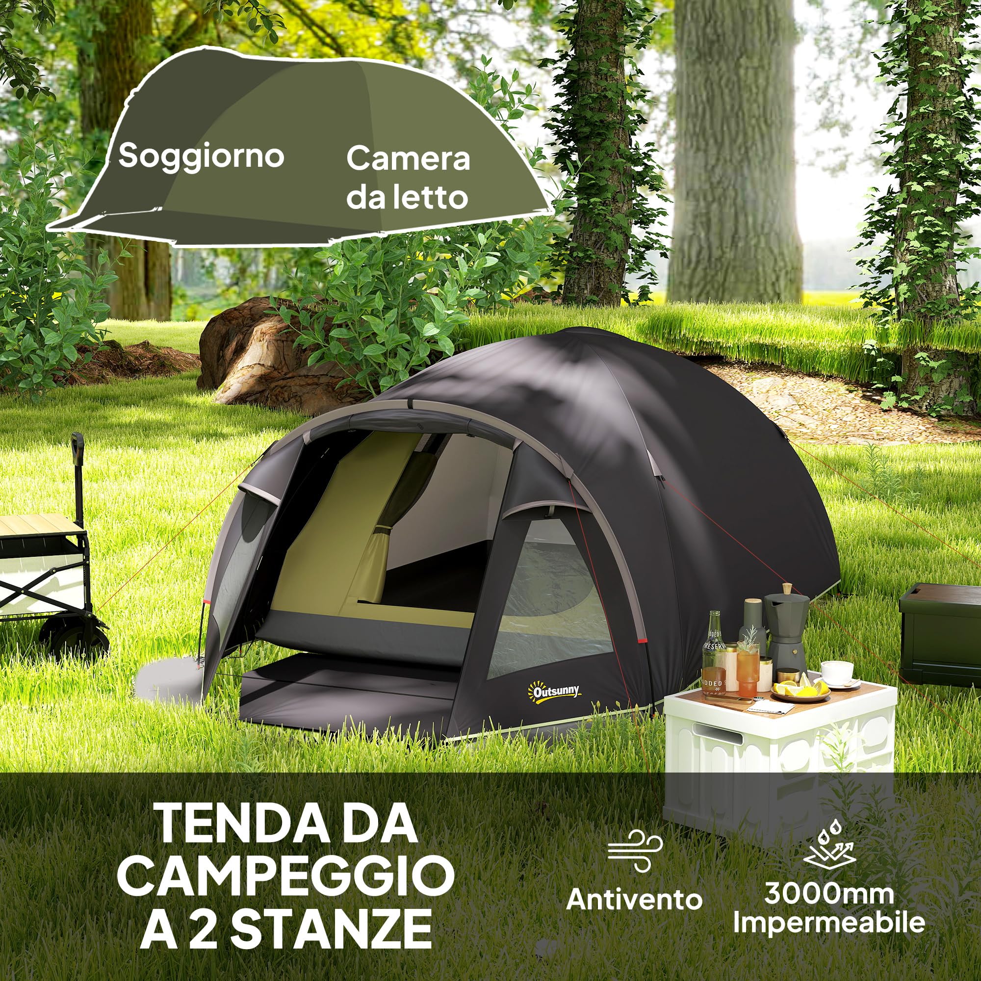 Outsunny Tenda da Campeggio a Tunnel per 2 Persone 2 Stanze Impermeabile 3000mm 330x190x120 cm Nero