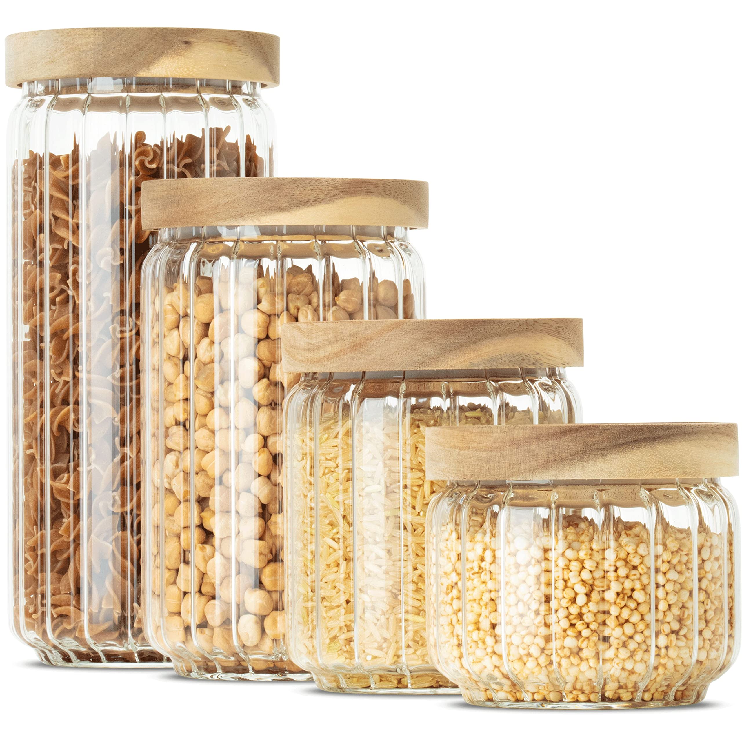 Econovo® Vorratsgläser geriffelt (300ml - 500ml - 700ml -1000ml | 4-tlg.), stapelbar und luftdicht, Vorratsbehälter mit Rillen Set, Vorratsdosen Glas-Behälter für Lebensmittel groß & klein