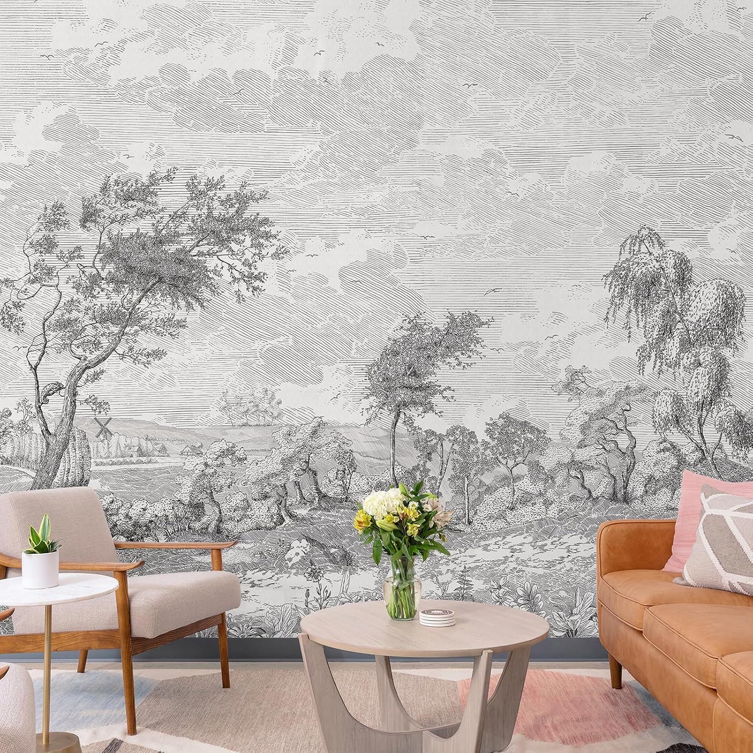 HueBurst Large Black White Scenery Wallpaper Peel and Stick 139" W X 110" H Grey Forest Wall Murals Sketching Tree French Country Landscape Wall Mural Toile Vinyl Rustic Nature Wall Art Decor