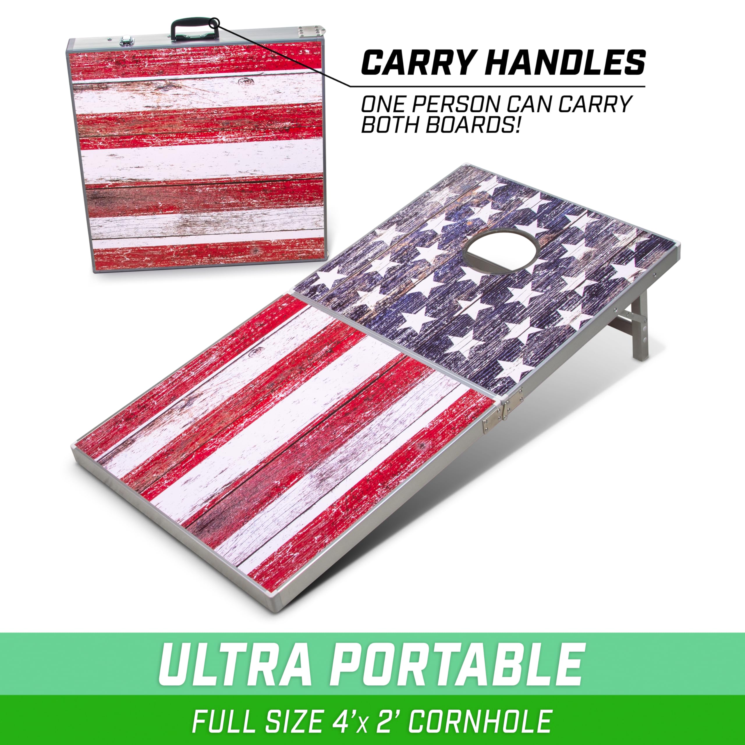 GoSports Juegos de Juego Cornhole de Aluminio de tamaño reglamentario de 4 x 2 pies, Elige Luces LED o estándar. El Juego Incluye 2 Tablas Plegables, 8 Bolsas de Frijoles y Reglas