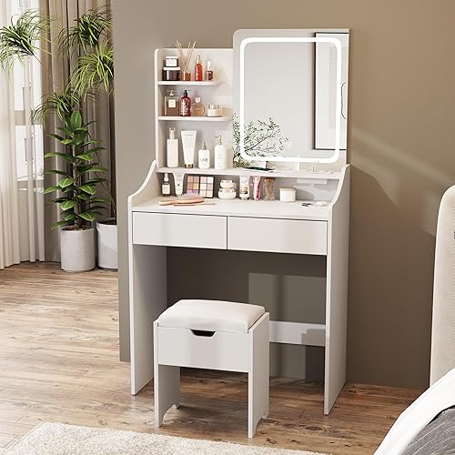 Miniatura 3 de Escritorio blanco con espejo LED, tocador de maquillaje con estación de carga, 2 cajones, 4 estantes, mesa de maquillaje y taburete de almacenamiento