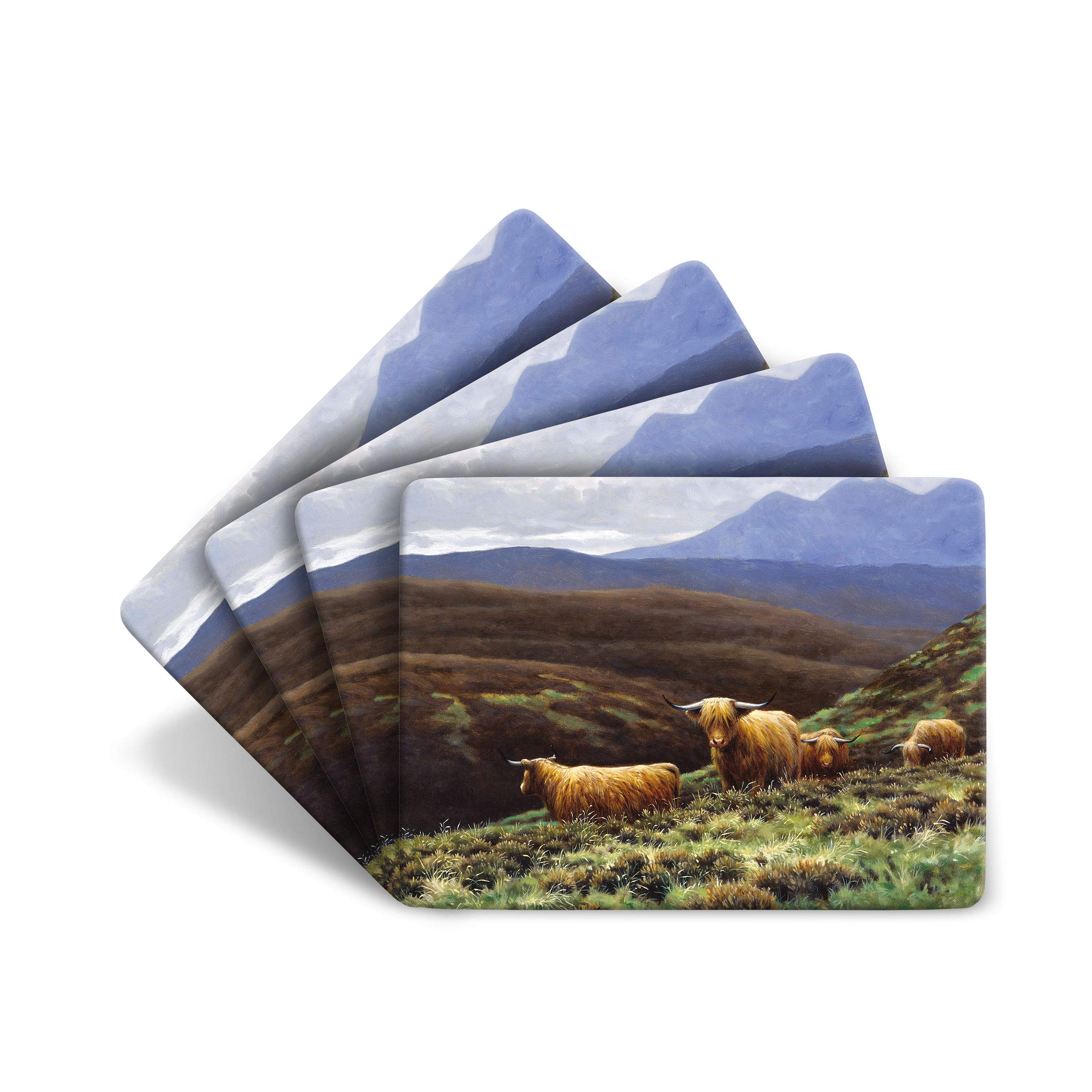 Julian Friers Heather Highland Cattle Large Table Mats By Wildlife Artist Set Of 4 - Non-Slip - Cork-Backed Placemat Set