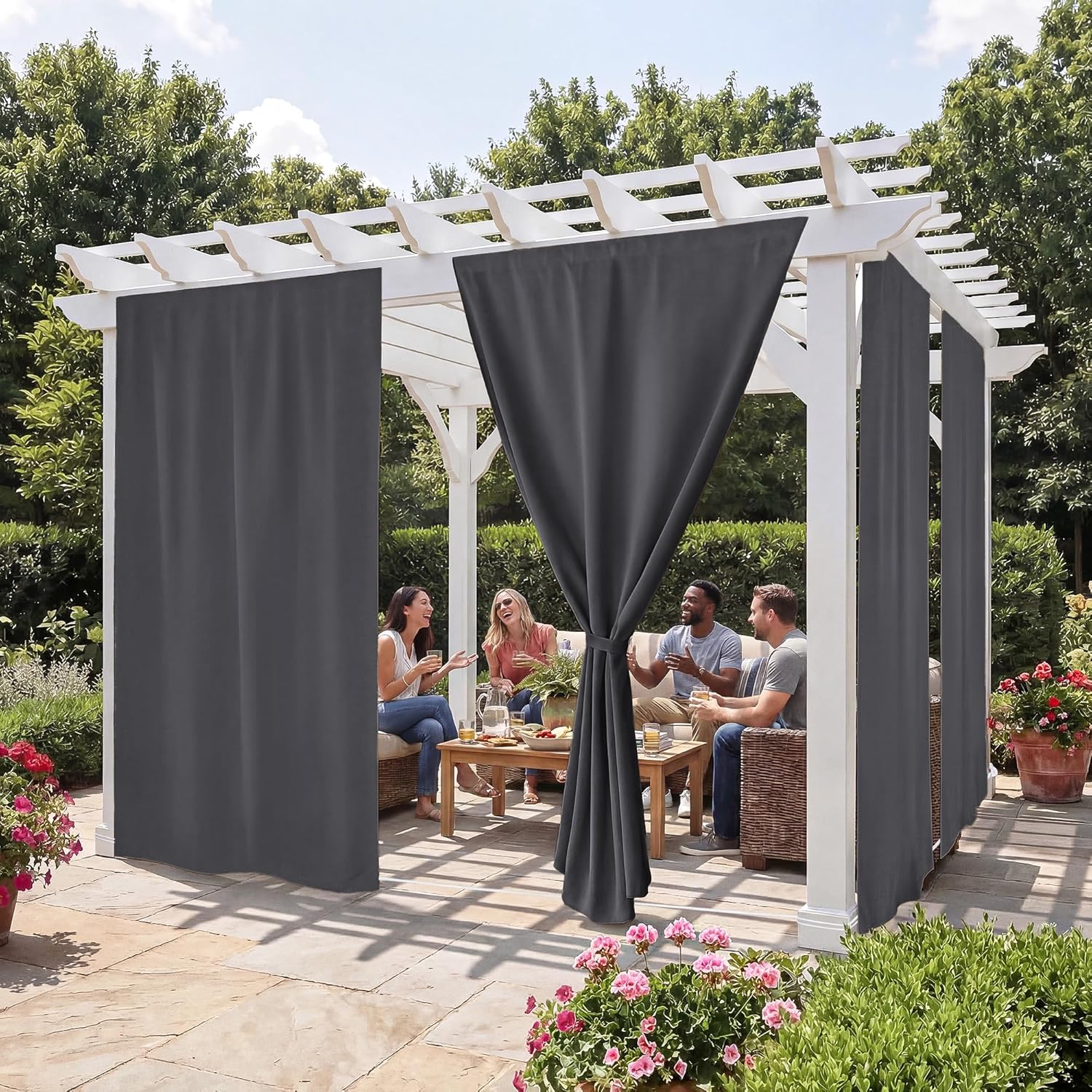 RYB HOME No-Rod Windproof Outdoor Curtains for Patio Waterproof with Adhesive Tape & Back Tab Bottom, Sun Blocking Privacy Curtains with Rope for Gazebo Porch Pergola, Grey, W 52 x L 96, 2 Panels