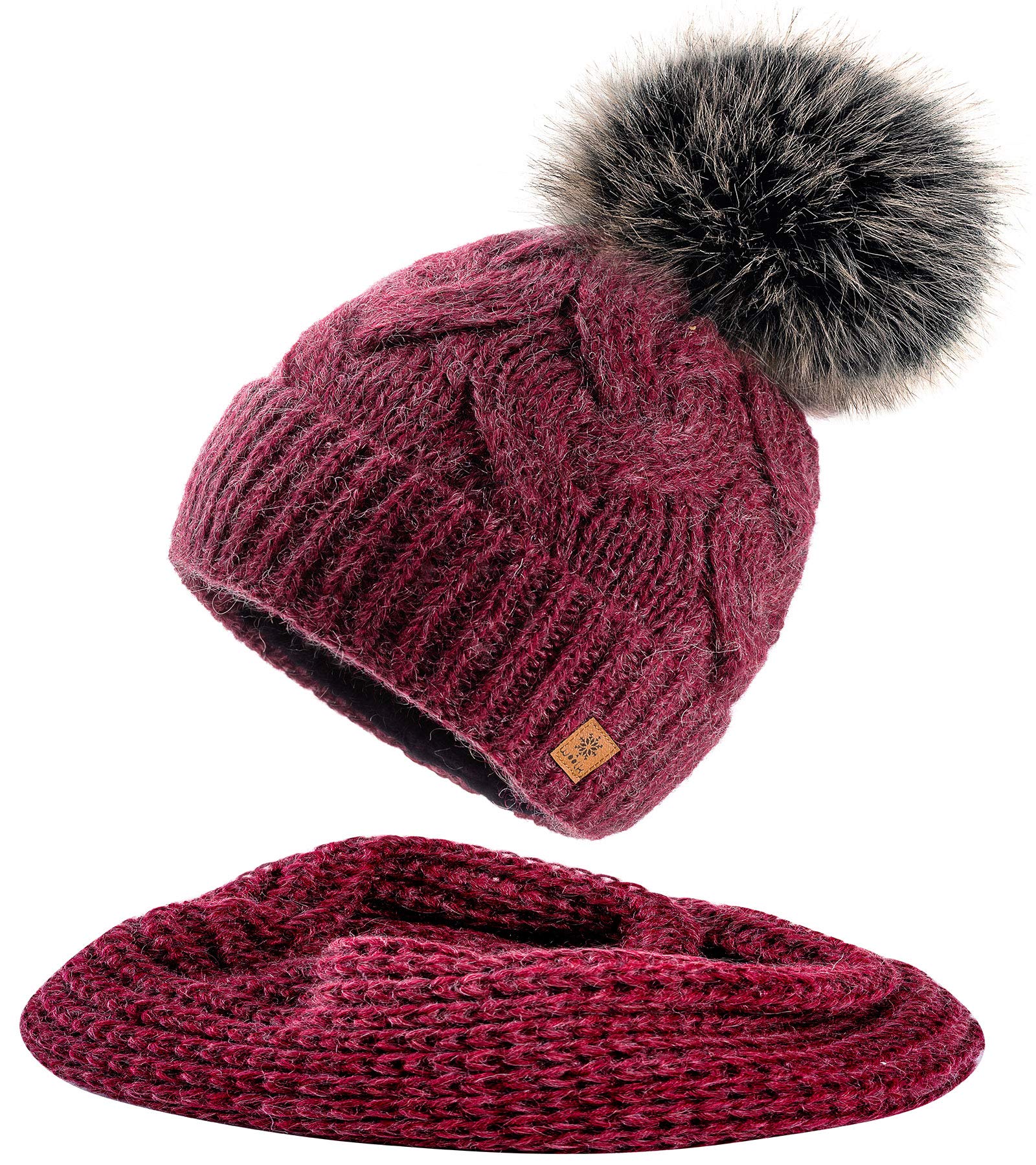 Mfaz Morefaz Ltd Women's Burgundy Set Hat&Scarf Set Scarf & Hat Mohair Wool Winter Beanie Hat Worm Neck Knitted Hats Fleece Pom Pom (Burgundy Set Hat&Scarf)