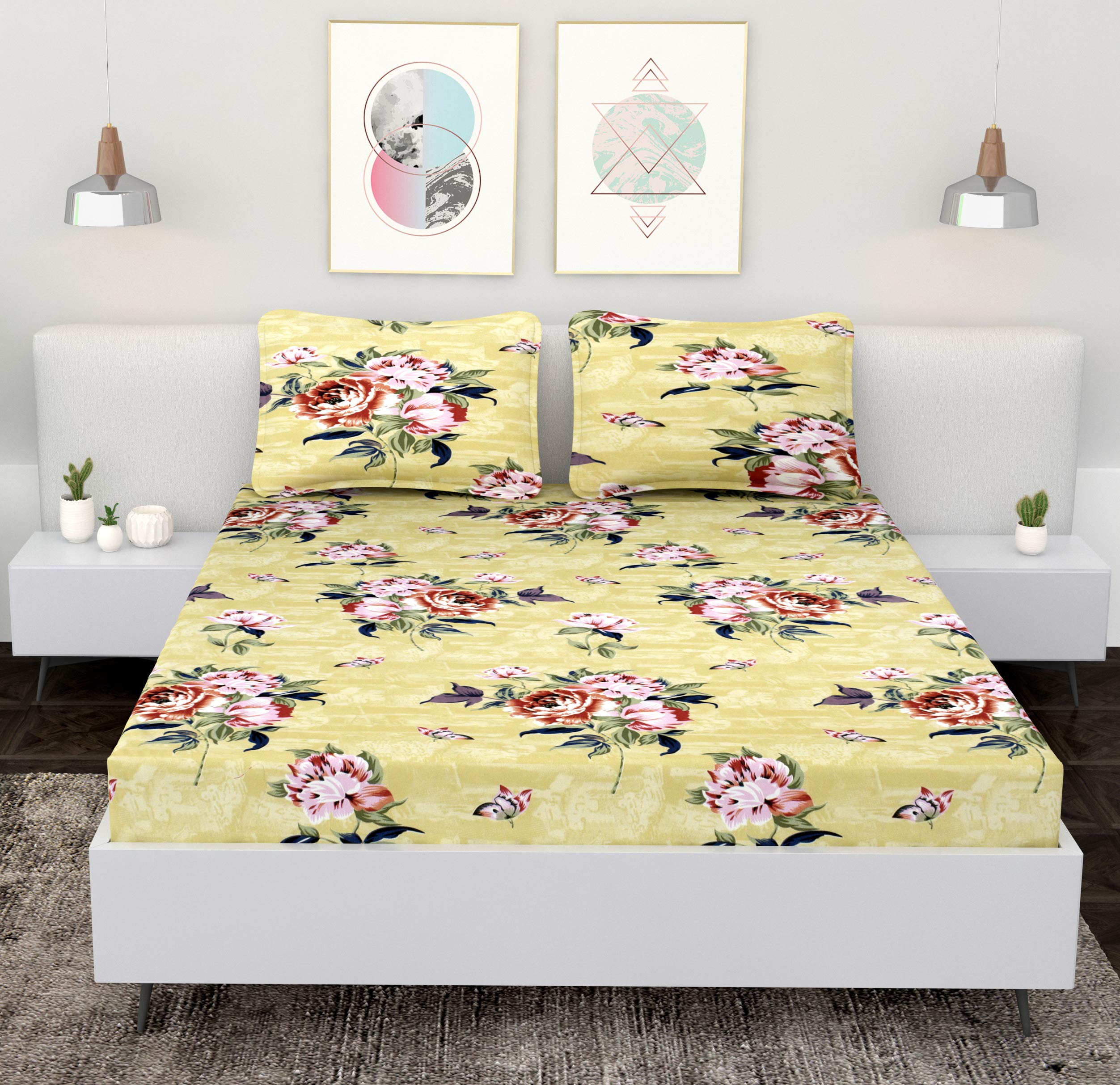 VOMZER- Home 160 TC Microfiber Floral Printed Bedsheet for Double Bed with 2 Pillow Covers, Yellow