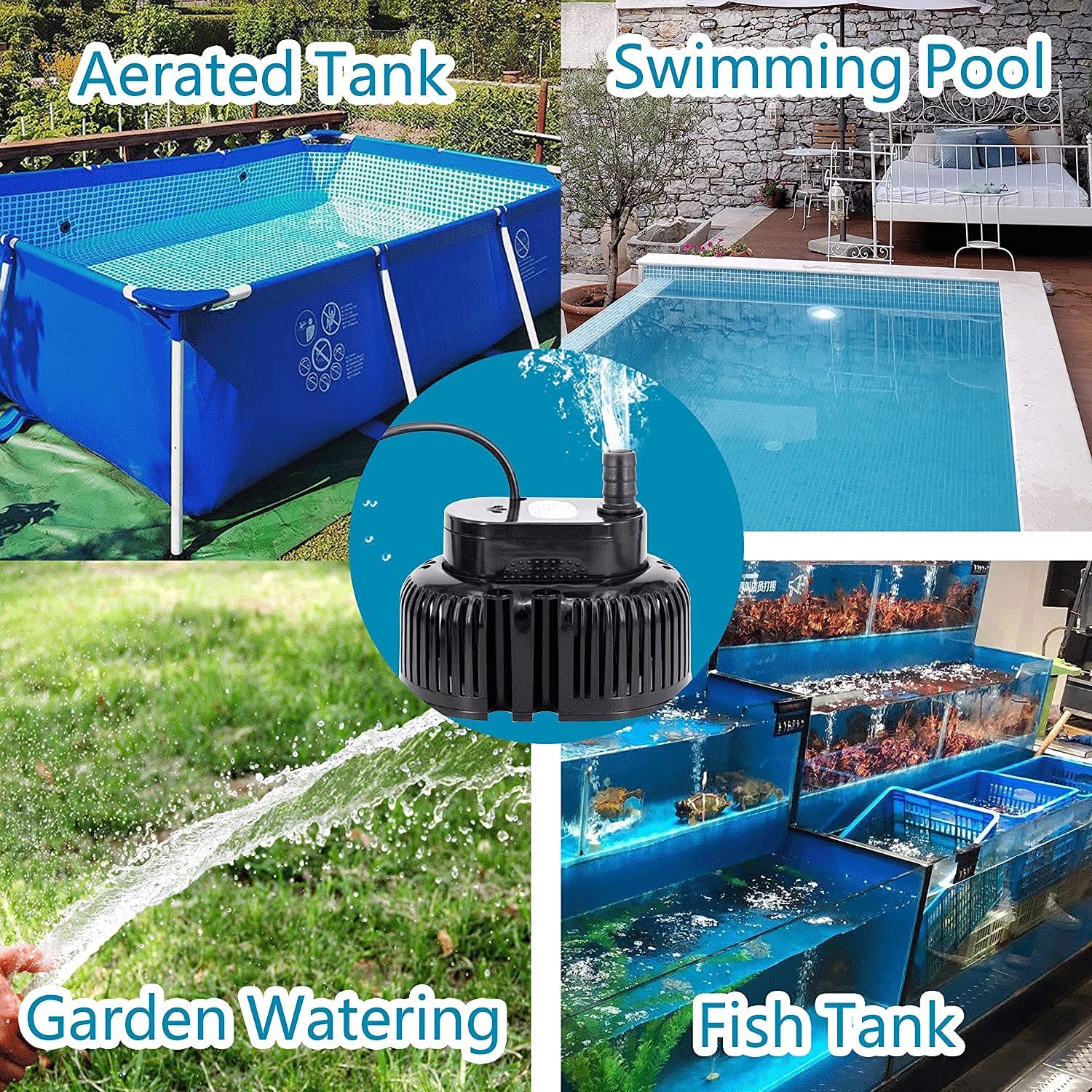 ALLYLANG Submersible Water Pump, 850GPH 75W , Pool Cover Pump, apply to/Pond/above ground swimming pool/-(With overheat protection)16.4' Drainage Hose and 3 Adapters