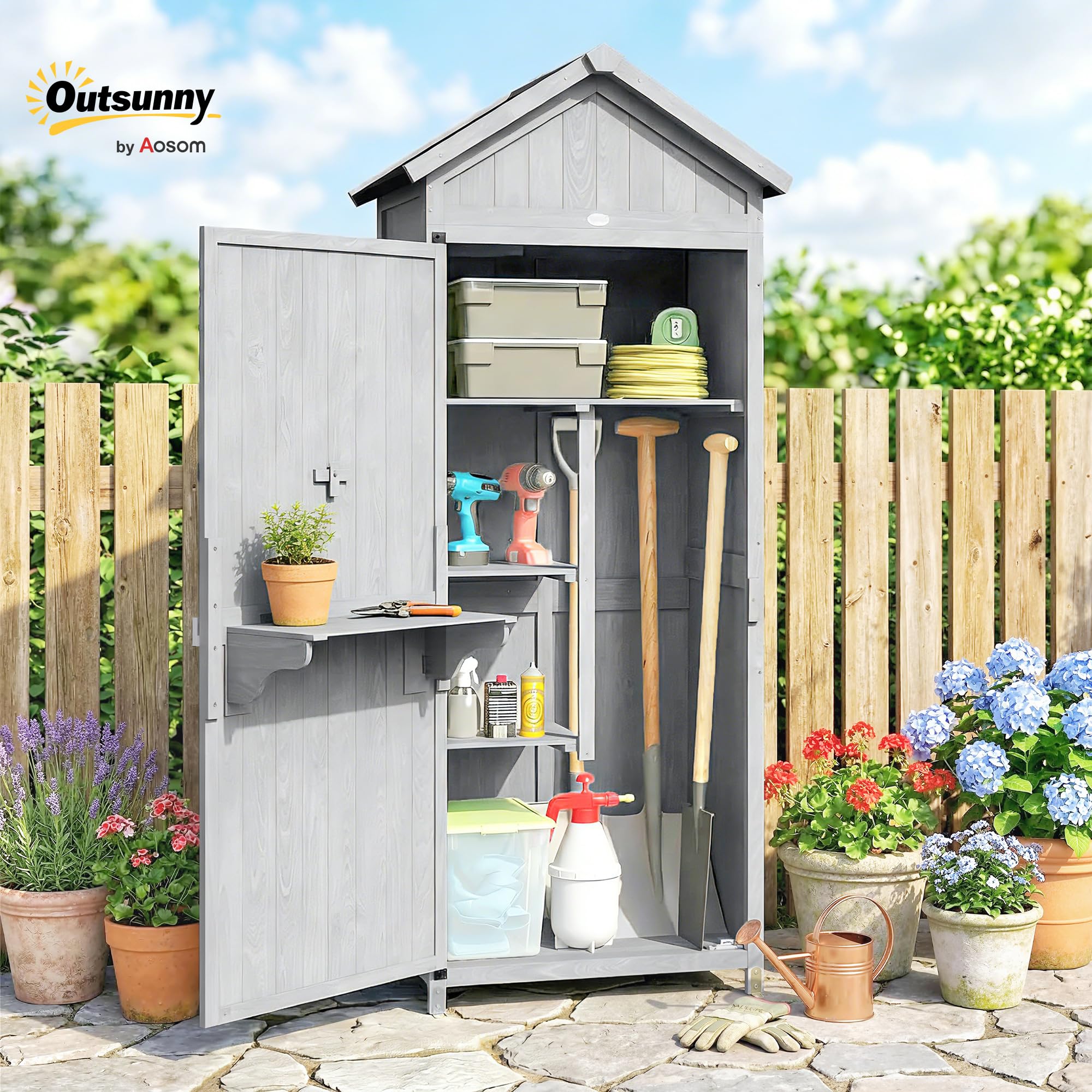 Outsunny Armadio da Giardino in Legno Abete, Casetta Attrezzi Giardino con Banco Lavoro Ribaltabile, Ripiani, Tetto Inclinato Asfalto, Capanno Porta Attrezzi per Esterno, 77x52.5x178 cm, Grigio