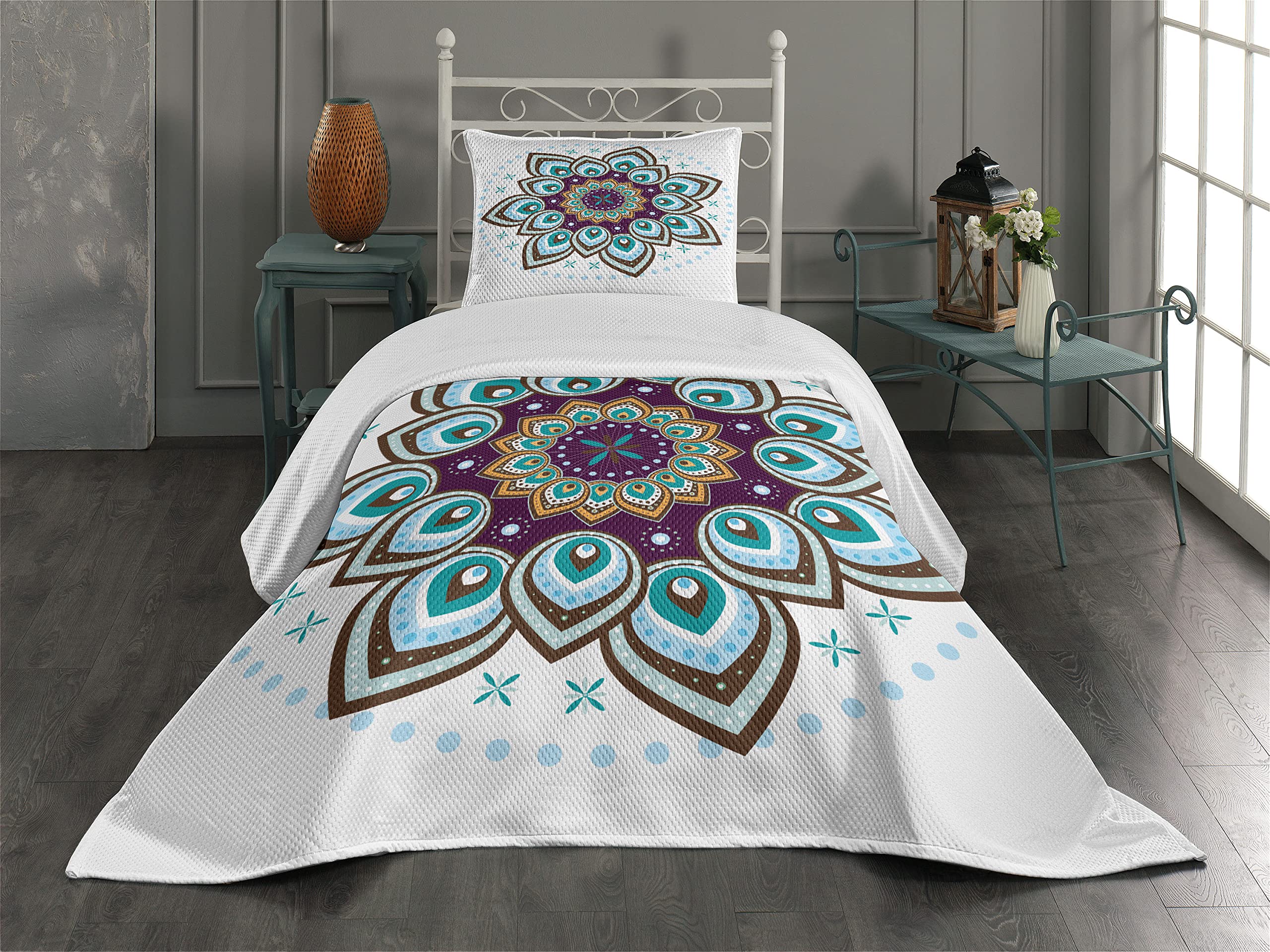 Ambesonne Mandala Coverlet, Boho Lotus Flower Microcosm Motif Unique Retro Theme, 2 Piece Decorative Quilted Bedspread Set with 1 Pillow Sham, Twin Size, Purple Brown and Teal