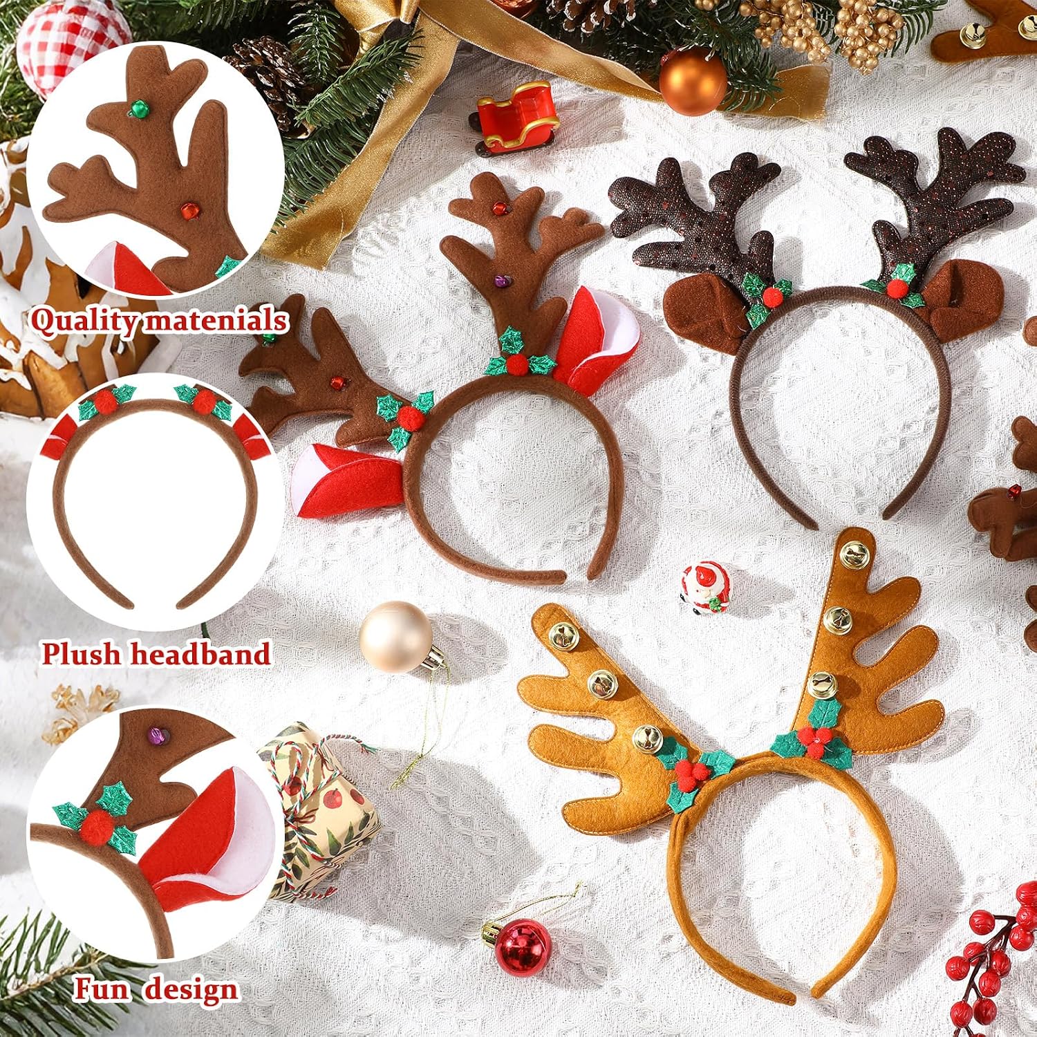 Riceshoot 24 Pcs Christmas Antler Headband Reindeer Headband Deer Plush Ear Antler Hair Hoop Beauty Accessory for Xmas Party