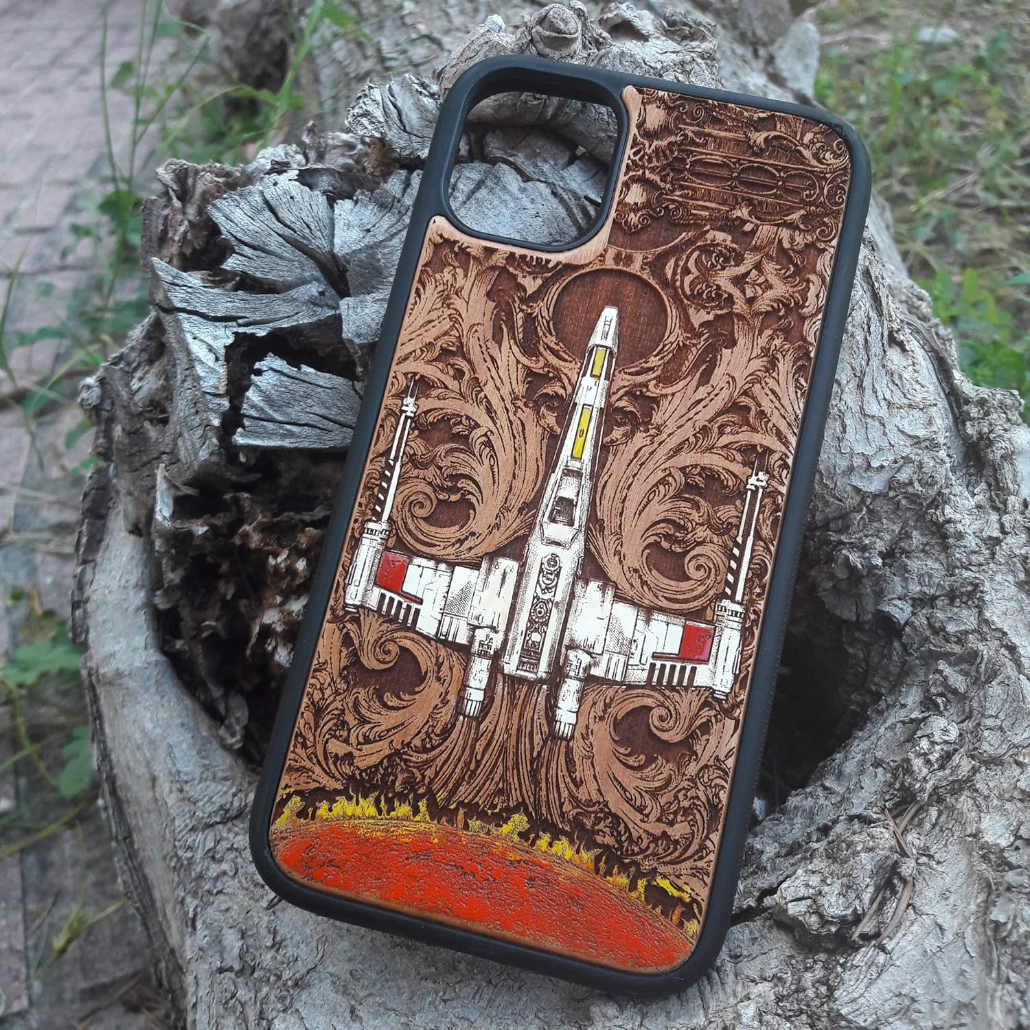 Sci-Fi Spaceship Laser Engraved Wood Case Fits iPhone 17, 16, 15 Pro Max Mini & Galaxy S26, S25, S24 Ultra Plus – Eco-Friendly, Slim, Durable Wooden Phone Cover