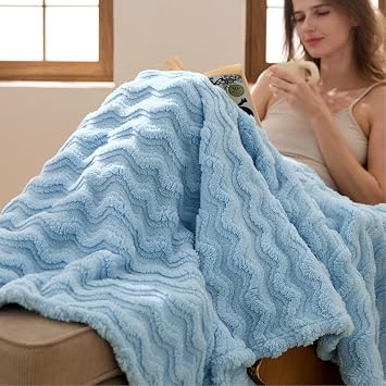 Bedsure Light Blue 3D Wave Fleece Throw Blanket for Couch - GentleSoft Spring Fluffy Blanket for Sofa Bed Room Decor, Super Cozy Fleece Throw for Women, Warm Cute All Season Gift, 50x60 Inches