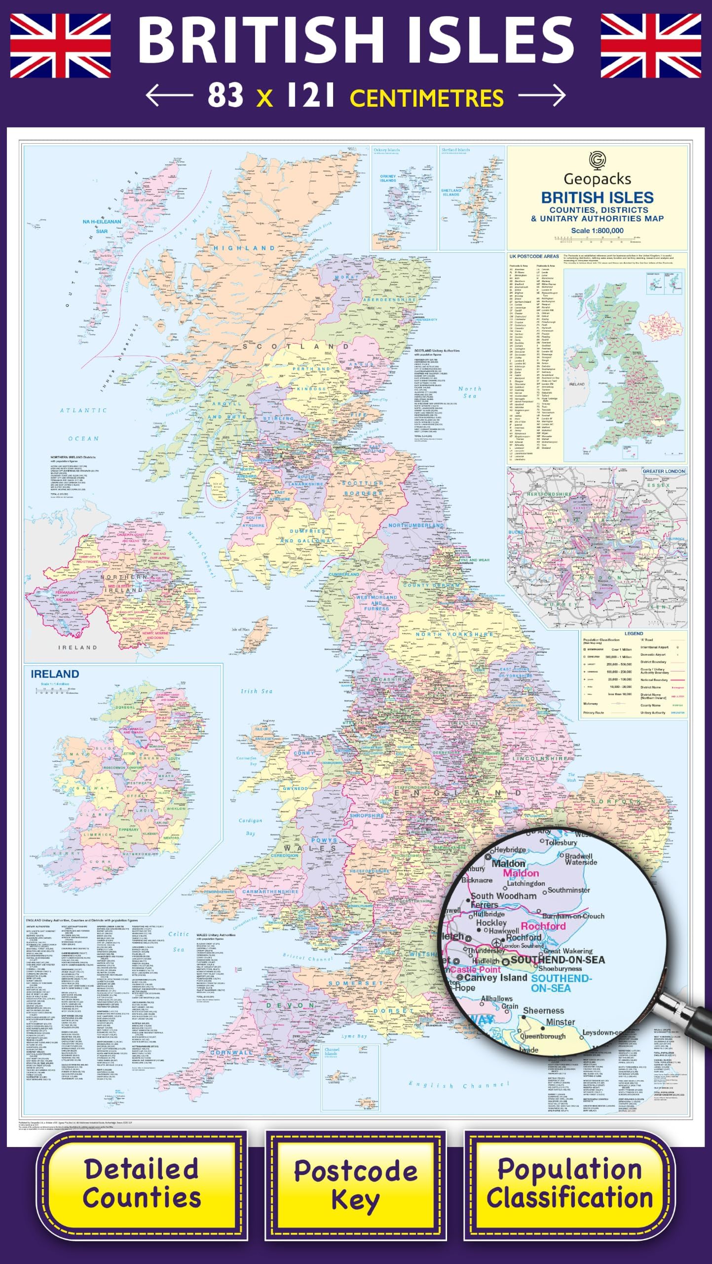 UK Wall Map - Large Travel Map to show Detailed Counties, Districts Postcode Areas & Population Figures, Laminated UK Map Poster, Wipe-Clean Surface, Perfect Traveler Gift 830 x 1200 mm