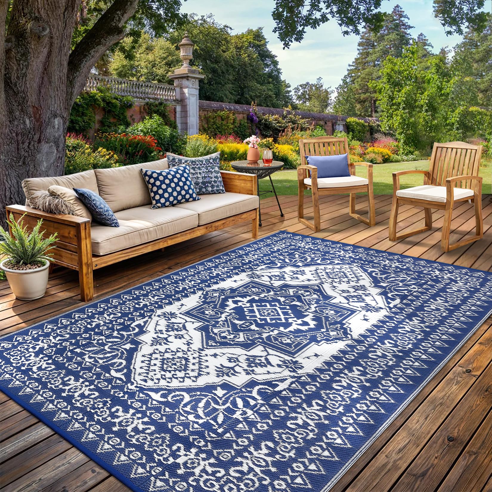 GarveeHome 8x10 Outdoor Rug Waterproof Reversible Outdoor Plastic Straw Rug Vintage Oriental Medallion Patio Rug Indoor Outdoor Carpet RV Mat Outside