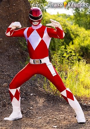 Adult Deluxe Red Ranger Costume | Authentic Power Rangers Classic Red Leader Men's Jumpsuit, Helmet, Boot Covers, Gloves