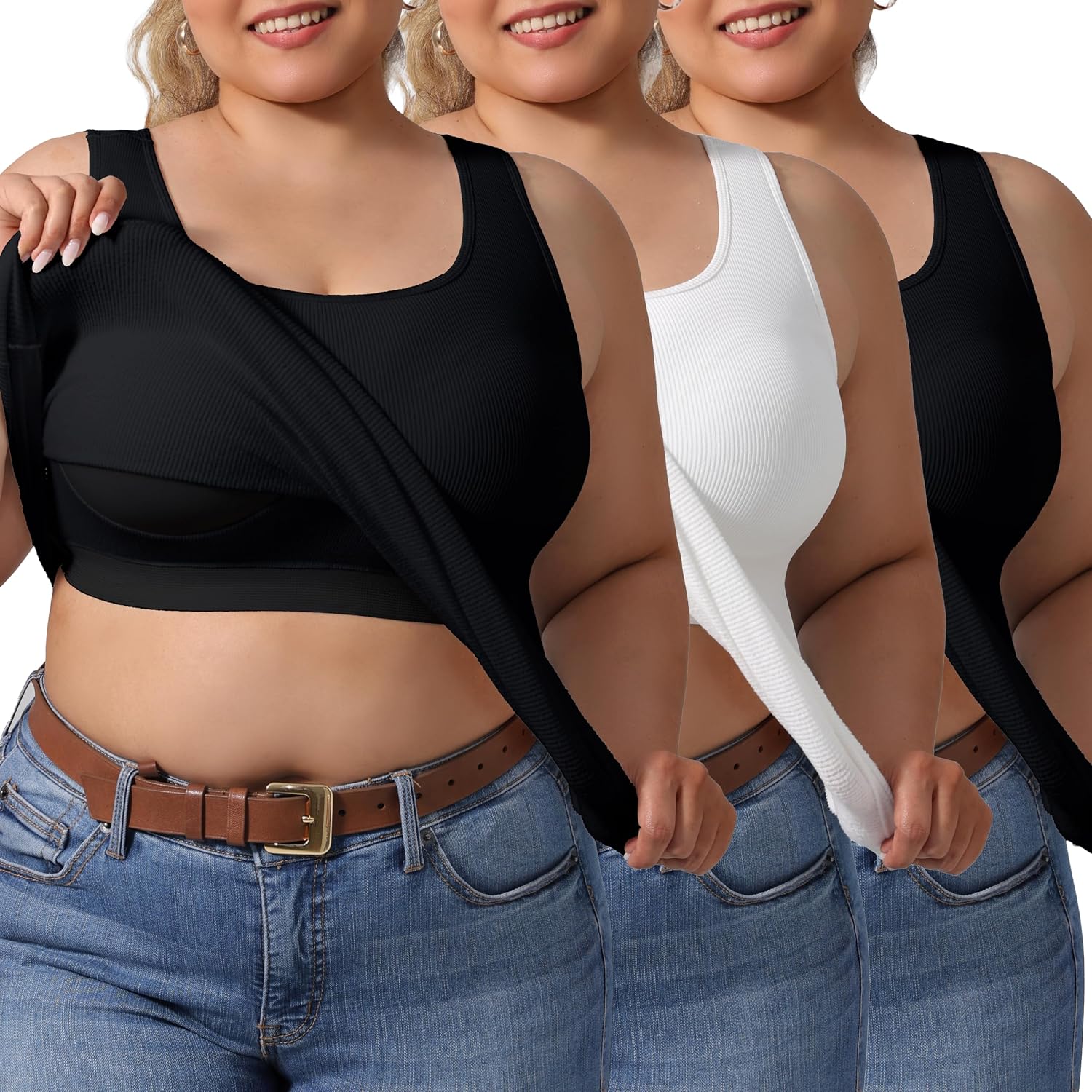 3-Pack Plus Size U-Back Casual Workout Tank Tops for Women with Built-in Bra, Padded Racerback Athletic Yoga Tops