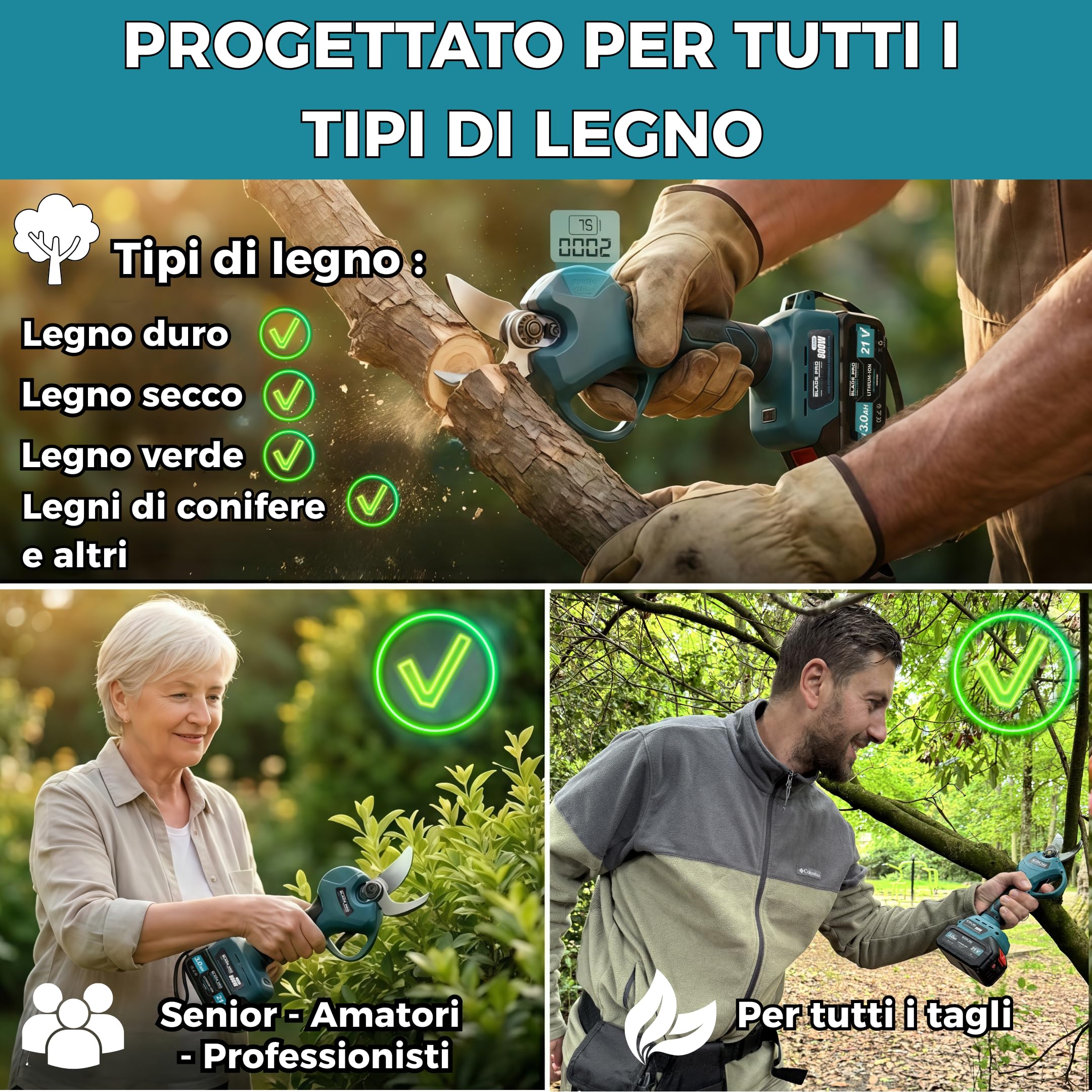 Forbici da Potatura a Batteria 21V, Motore Brushless 800W, Taglio 40mm - Lama SK5, 2 Batterie 2.0Ah Incluse, Display LCD - per Ulivo, Vite e Frutteto - BLADE PRO