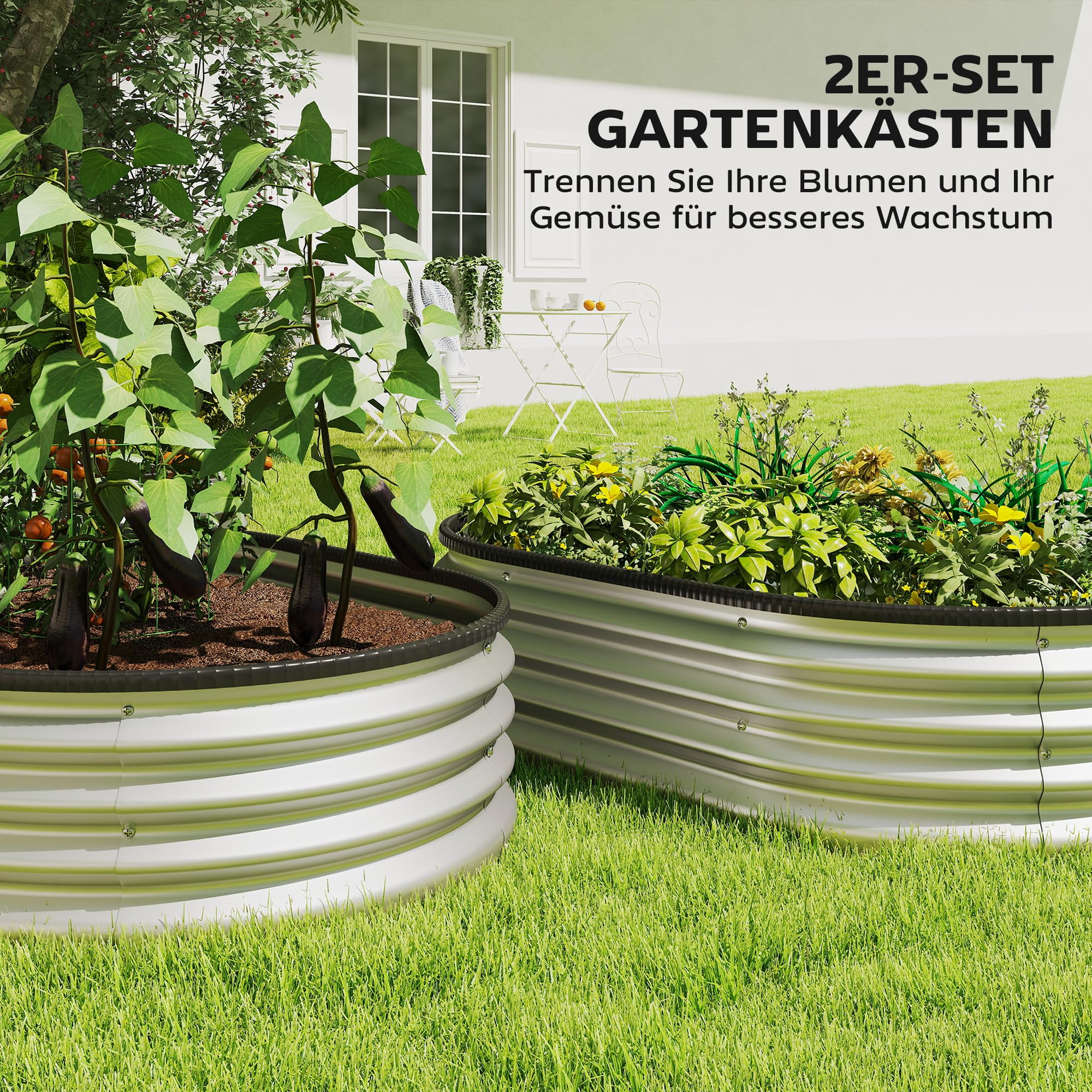 Outsunny Jardinière surélevée en métal, lot de 2, 135 x 90 x 30 cm, ovales, fond ouvert, bandes en caoutchouc, bordure de sécurité, gants, kit modulaire, jardinière surélevée pour légumes, fruits,