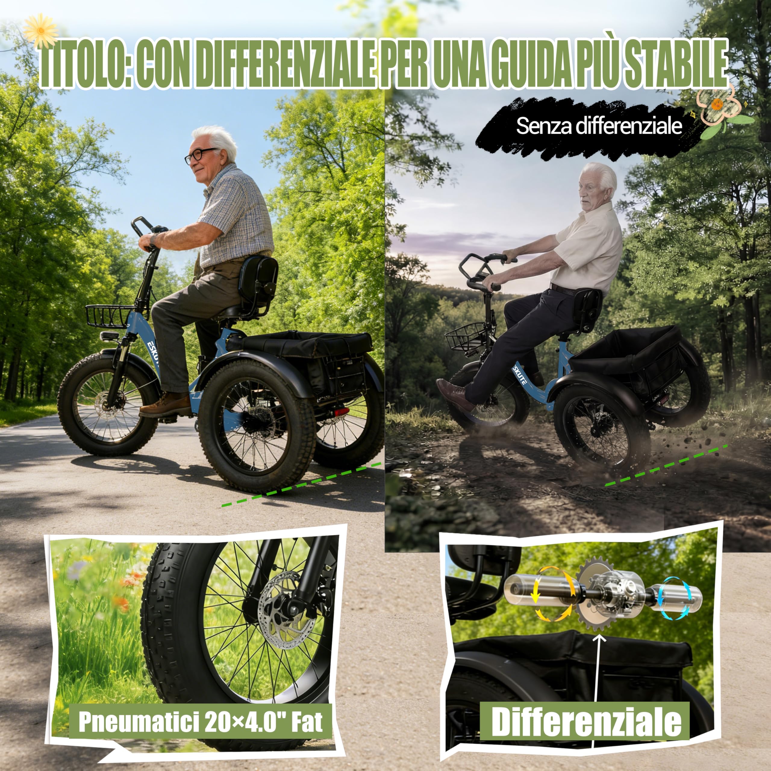 ESKUTE Triciclo Elettrico per Adulti T302 Pro, Fat Bike Elettrica 20×4.0 Pieghevole con Batteria Rimovibile 48V 20,8Ah, eBike a Tre Ruote con Motore 65Nm, Cambio 7 Velocità, Autonomia fino a 130 km