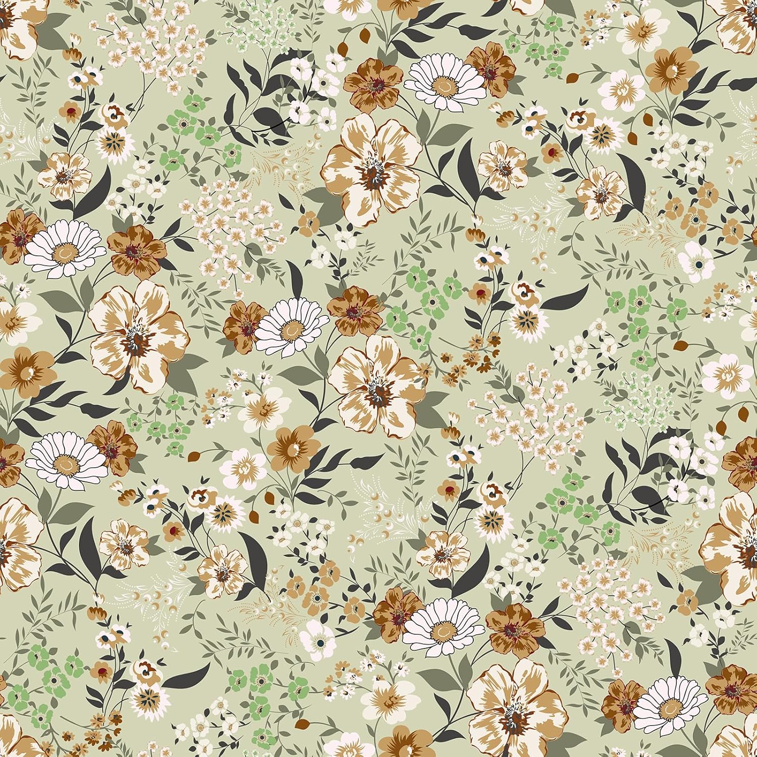 VEELIKE 17.7''x354'' Sage Green Floral Peel and Stick Wallpaper Boho Vintage Floral Wallpaper for Bedroom Living Room Removable Renter Friendly Wallpaper Green Contact Paper for Cabinets Shelves Walls