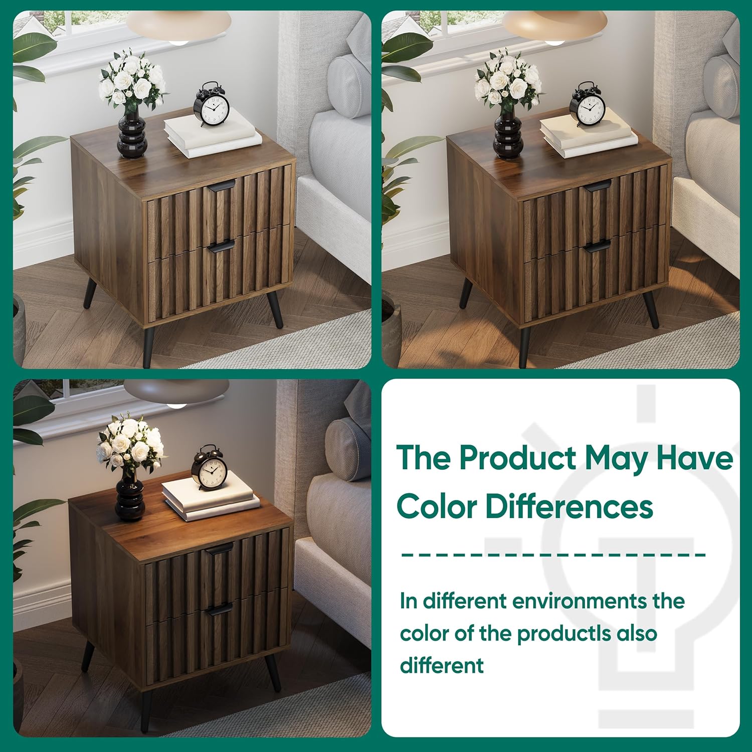 Smuxee Walnut Wooden Night Stand, Mid Century Nightstand with 2 Fluted Drawers, Bedside Table with Open Shelf, Modern End Side Table for Bedroom - Image 5