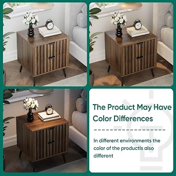 Smuxee Walnut Wooden Night Stand, Mid Century Nightstand with 2 Fluted Drawers, Bedside Table with Open Shelf, Modern End Side Table for Bedroom