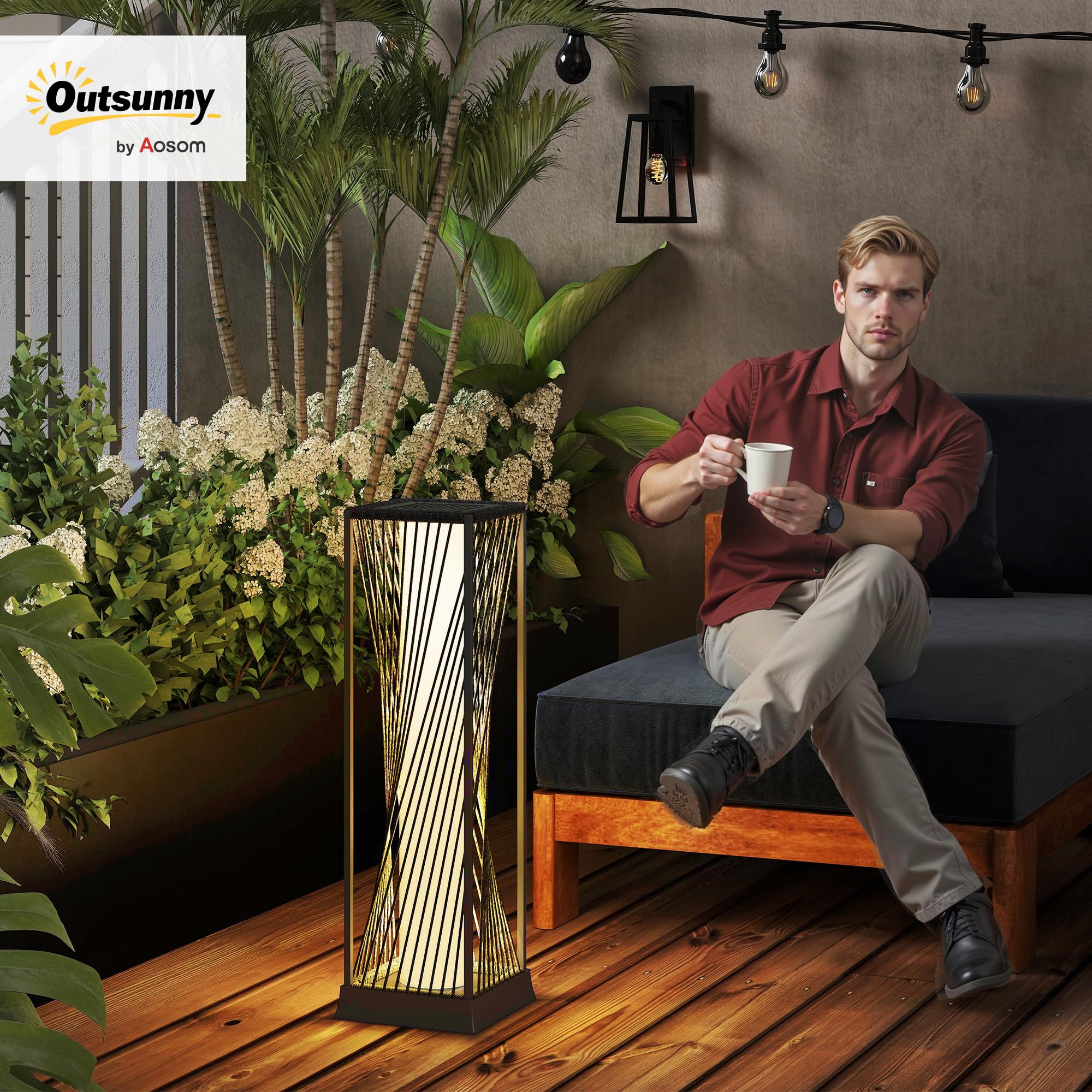 Outsunny Linterna de Jardín de Ratán Sintético Farola Solar con Luces LED Encendido y Apagado Automático Impermeable para Terraza Balcón Patio 22x22x77 cm Gris