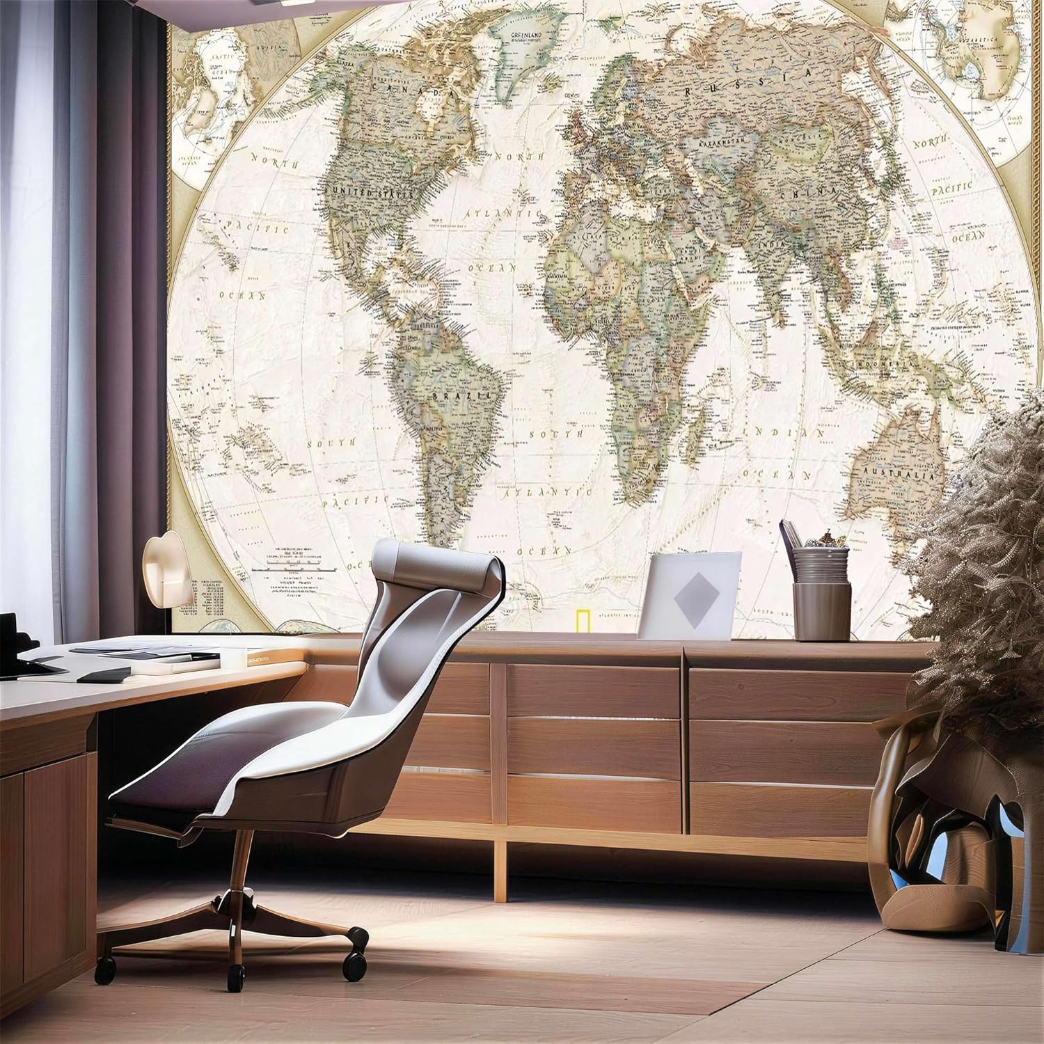 Vintage World Map Peel and Stick Wall Mural, Removable Wall Art for Study Room Office Library Classroom (G19, 136"×96")