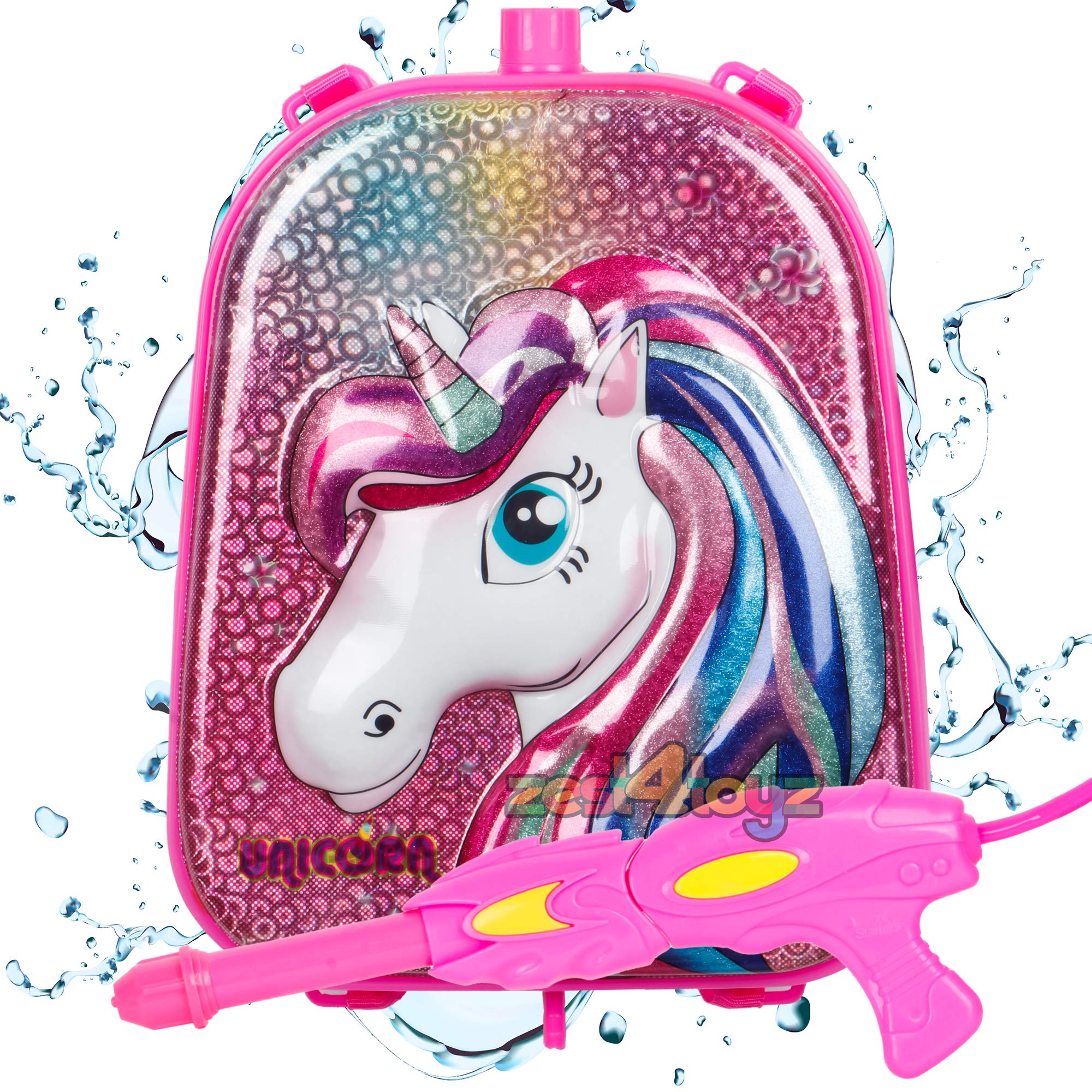Zest 4 Toyz Holi Pichkari Water Gun for Kids Unicorn Themed Tank Spray with Holi Combo 1 Pkt Holi Color & 100 Balloon - Deluxe Tank (Pink) 3