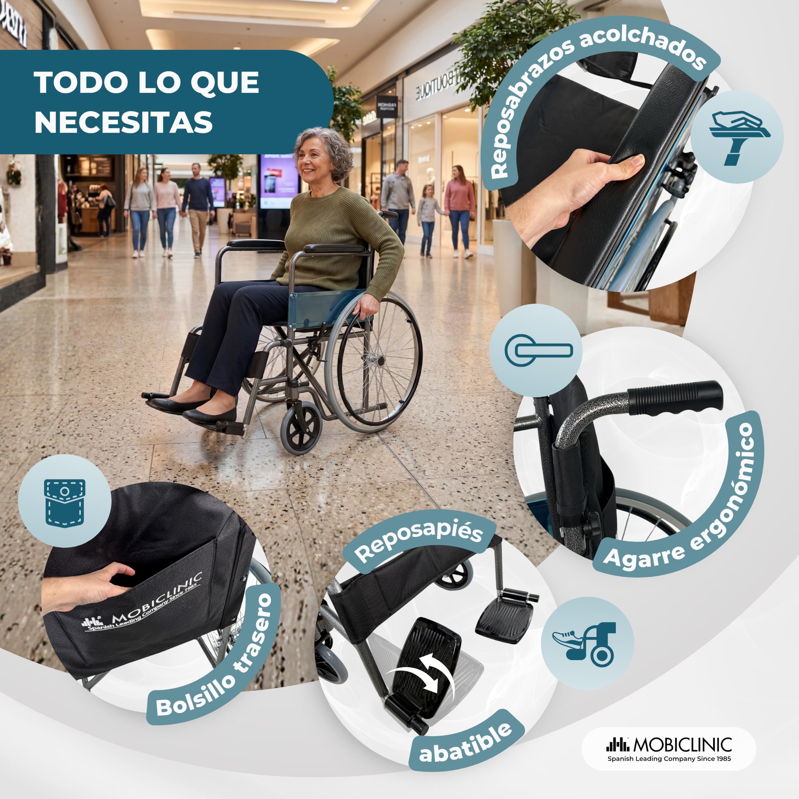 Mobiclinic®, Silla de ruedas plegable, Ligera, Alcázar, Autopropulsable, Freno estacionamiento, Asiento 46cm, Marca española, Reposapiés abatibles, Reposabrazos acolchados, Resistente