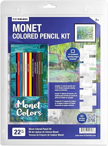 Monet - Lápices de colores y páginas para colorear para los amantes del arte, juego de 12 lápices de colores temáticos con nombres temáticos de