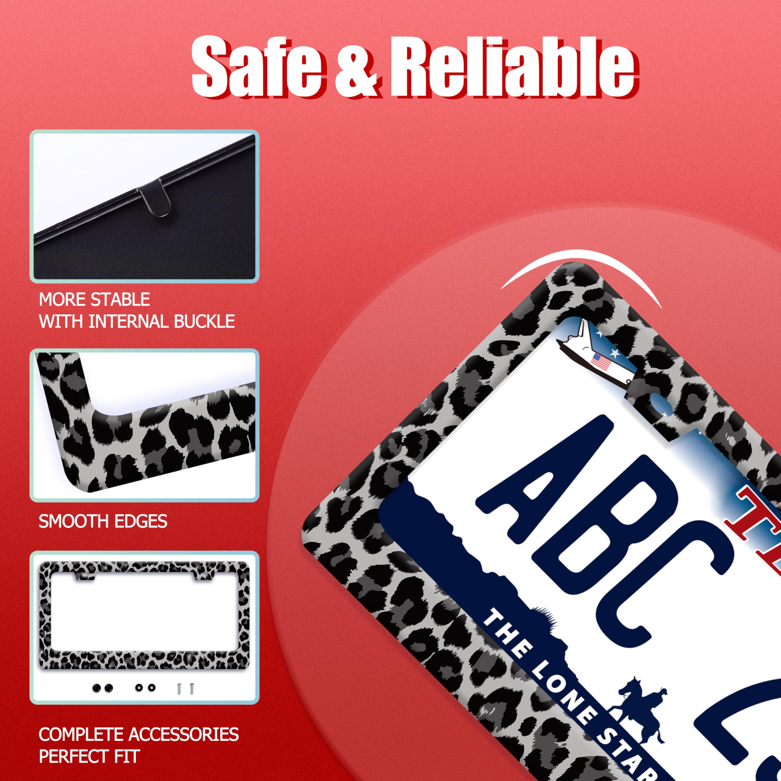 Cheetah Leopard Print License Plate Frame - Stainless Steel, Set Of 2 With Hardware, 12.3 X 6.3 Inch