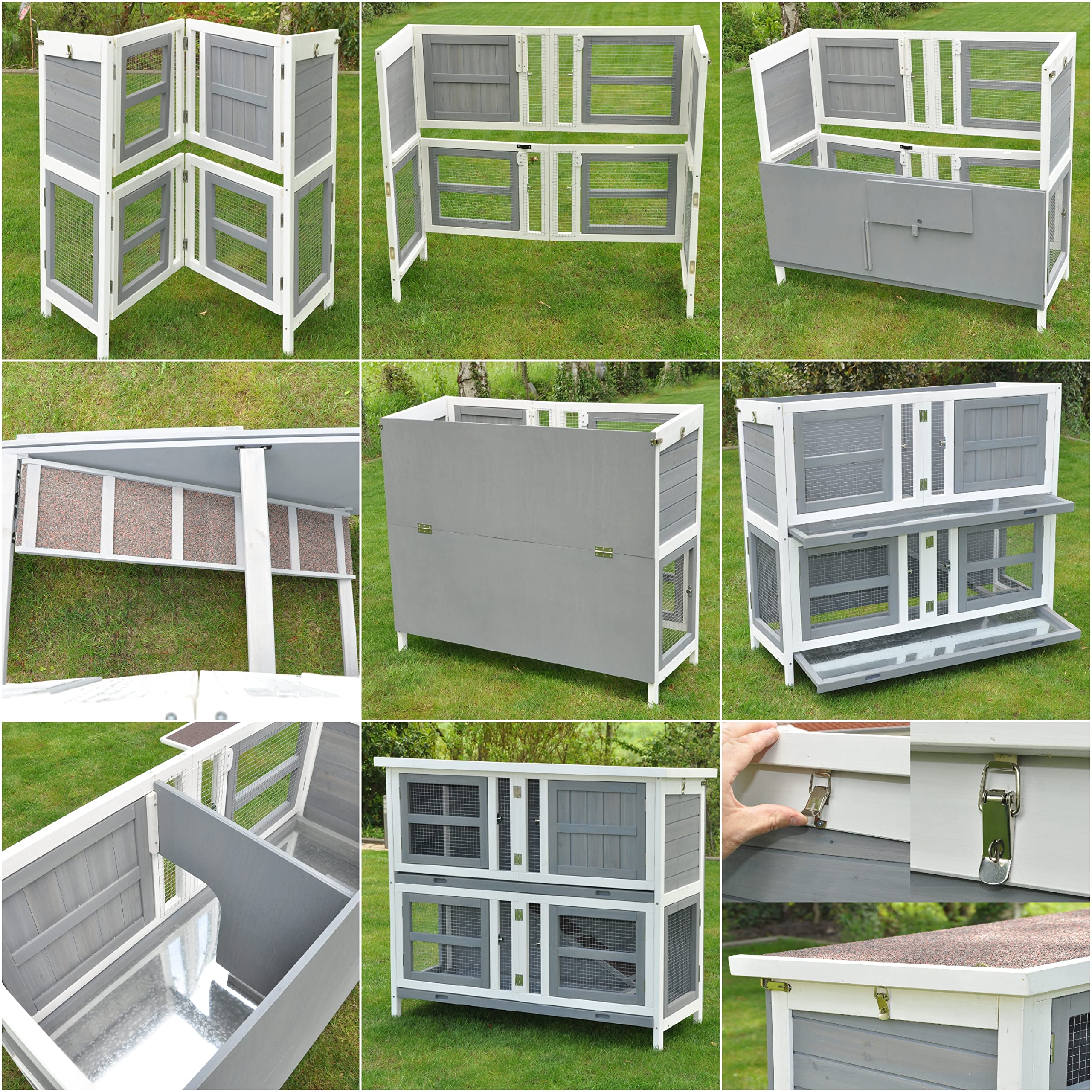 nanook Kleintierstall Hasenstall Kaninchenstall Linus einfache Montage – faltbar– mobil - einfaches Klicksystem 120 x 50 x 104 cm - grau weiß