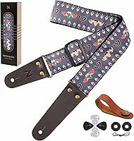 Vista 13 de Nefelibata Correa de guitarra, correas de guitarra de algodón bordadas con extremos de cuero de vaca para bajo, guitarras eléctricas y acústicas