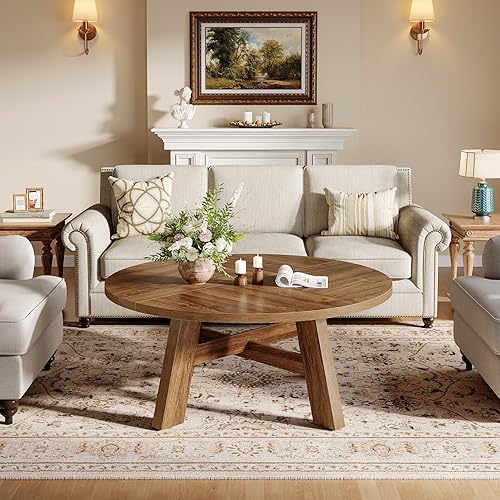 Miniatura 8 de Tribesigns Mesa auxiliar redonda, mesas de centro redondas modernas de mediados de siglo con soporte cruzado reforzado, mesa central baja de madera
