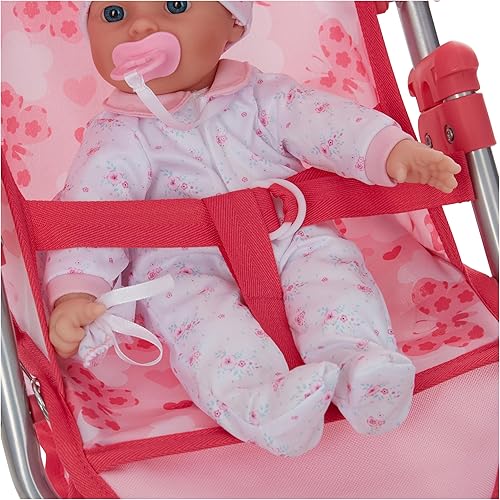 Miniatura 8 de Dolls To Play Cochecito de muñeca de bebé, estilo jogger con 3 ruedas, juguete para niñas con toldo y cesta para niños, mi primer cochecito de