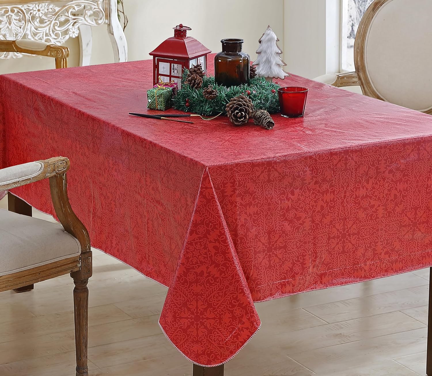 Newbridge Red Reindeer Damask Christmas 60 x 84 Inch Rectangle Vinyl Tablecloth with Flannel Backing – Elegant Holiday Tree, Reindeer & Sleigh Bell Pattern Easy-Care Wipe Clean Table Cover