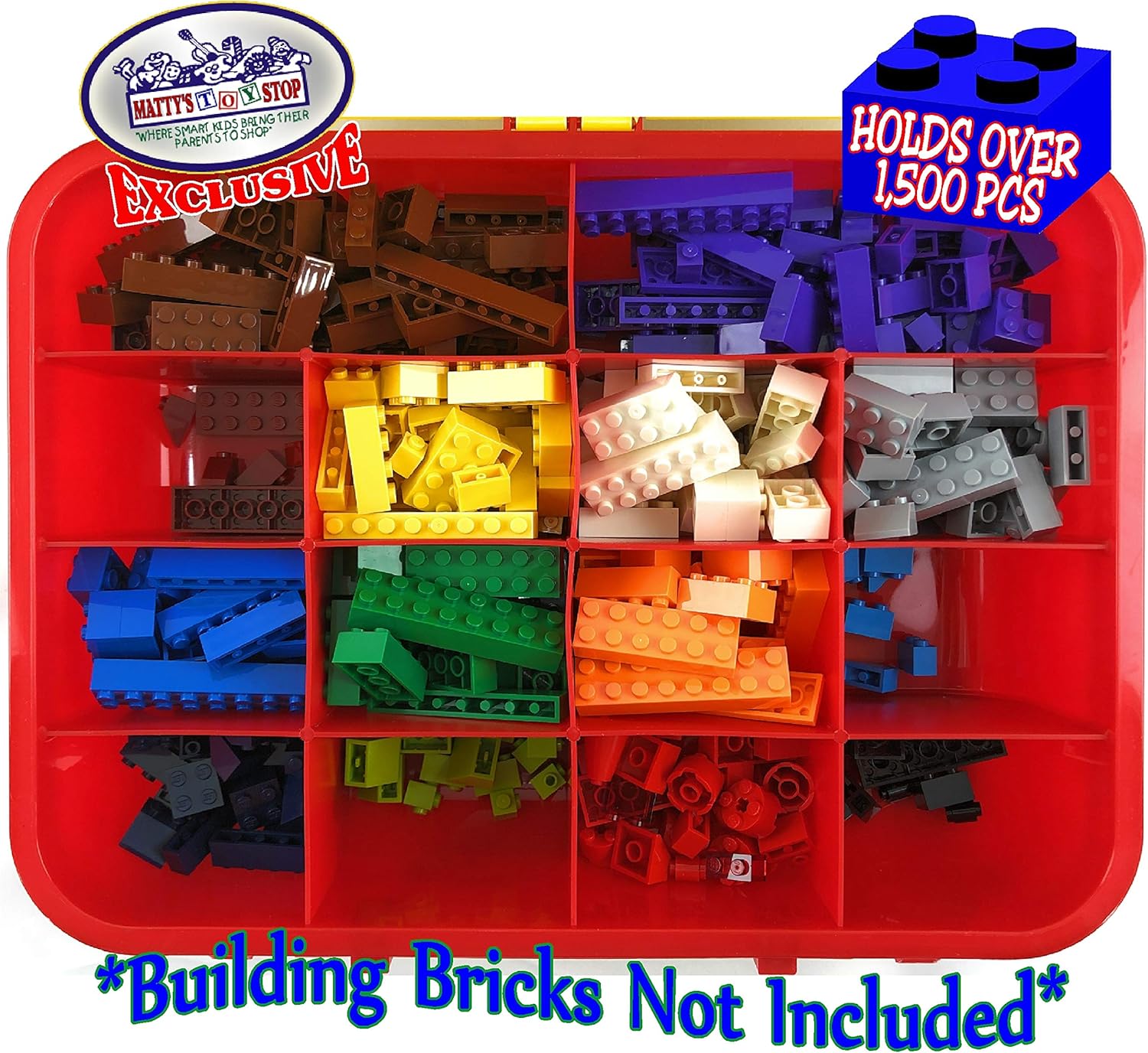 Matty's Toy Stop Brik-Kase 2-GO 13" Travel, Building, Storage & Organizer Container Case with Building Plate Lid (Holds Approx 1,500pcs) - Compatible with All Major Brands (Red, Green & Yellow)