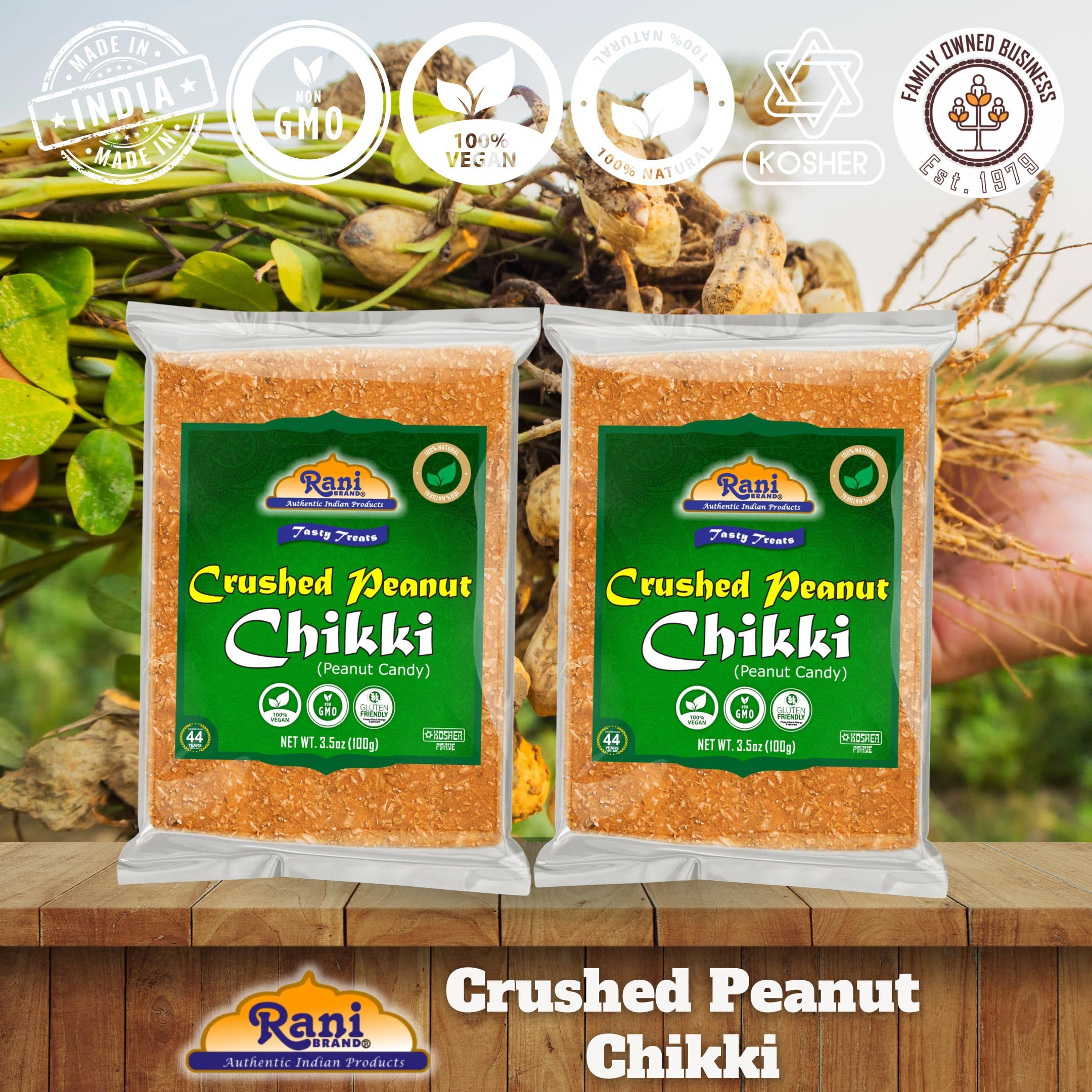 Rani Crushed Peanut Chikki (Brittle Candy) 3.5oz (100g) x Pack of 2 ~ All Natural | Vegan | No colors | Gluten Friendly | Kosher | Indian Origin