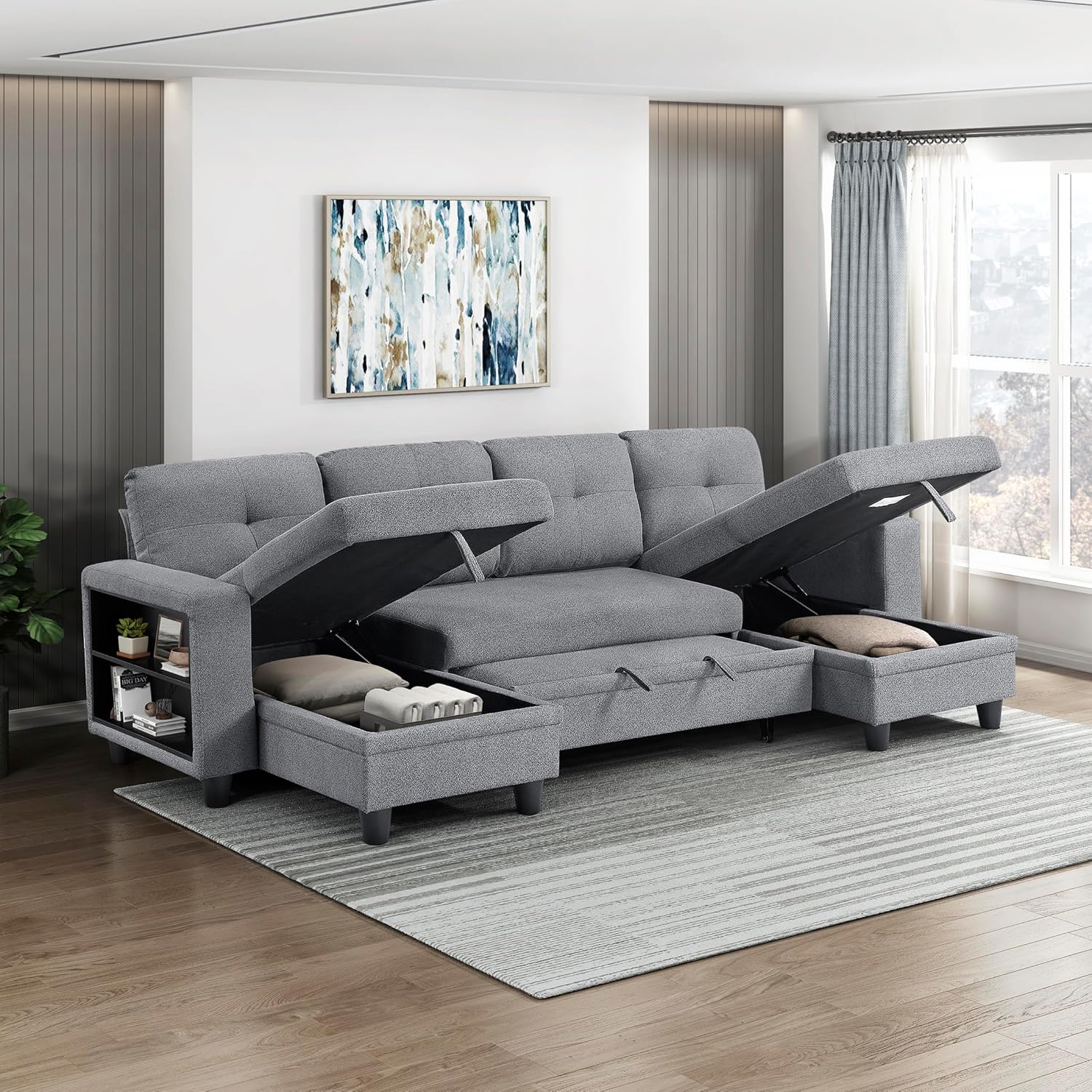 Lexicon U-Shaped Sectional with Pull-Out Bed, Boucle Upholstered Sofa Chaise, Two Storage Chaises, Storage Shelves, USB Ports, Tufted Back, Sectional for Living Room/Apartment, 4-Seater, Gray