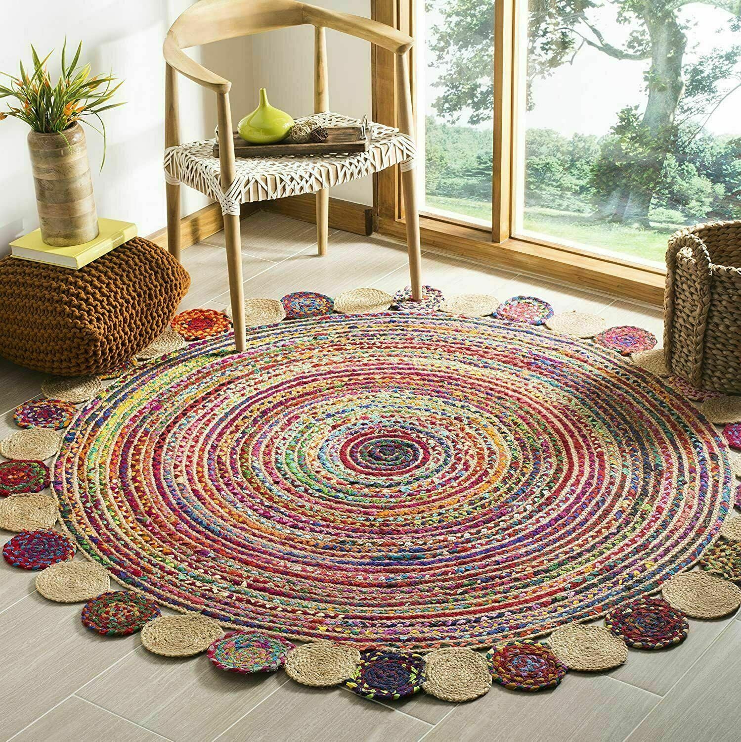 Tapis pour chambre à coucher en coton et jute multicolore rond 240 cm