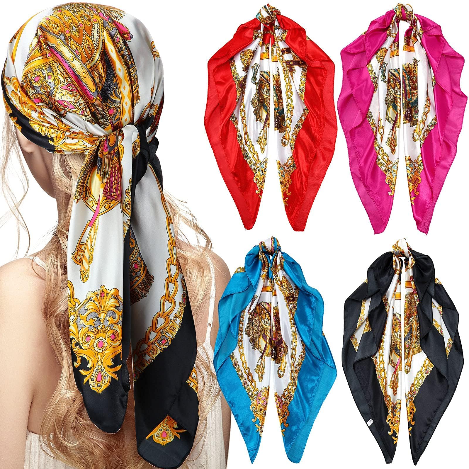 Satin Head Scarves, 4 Pieces 35 Inch Large Square Silky Feeling Headband Satin Boho Hair Bandanas for Women Girls (Stylish Series)