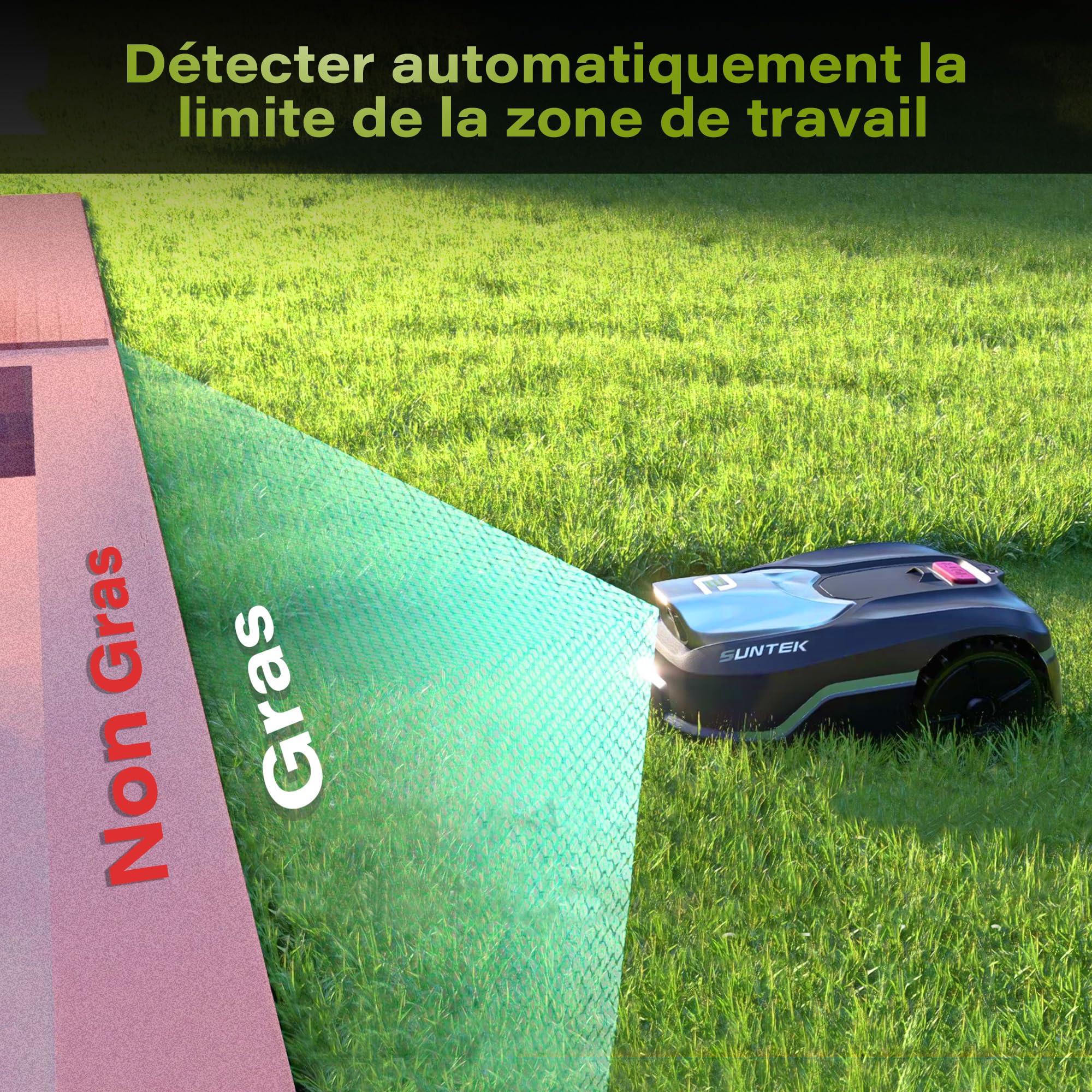 SUNTEK Robot Tondeuse sans Fil Périphérique pour 250 m², Tondeuse Robot AI Pure Vision avec Cartographie Automatique, Pente jusqu'à 35°, Étanchéité IPX5, Cartographie Automatique, Contrôle APP
